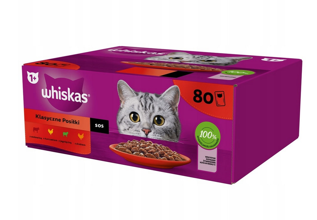 Set- WHISKAS SACHETS CAT FOOD CLASSIC MEALS 80x85g Brand Whiskas