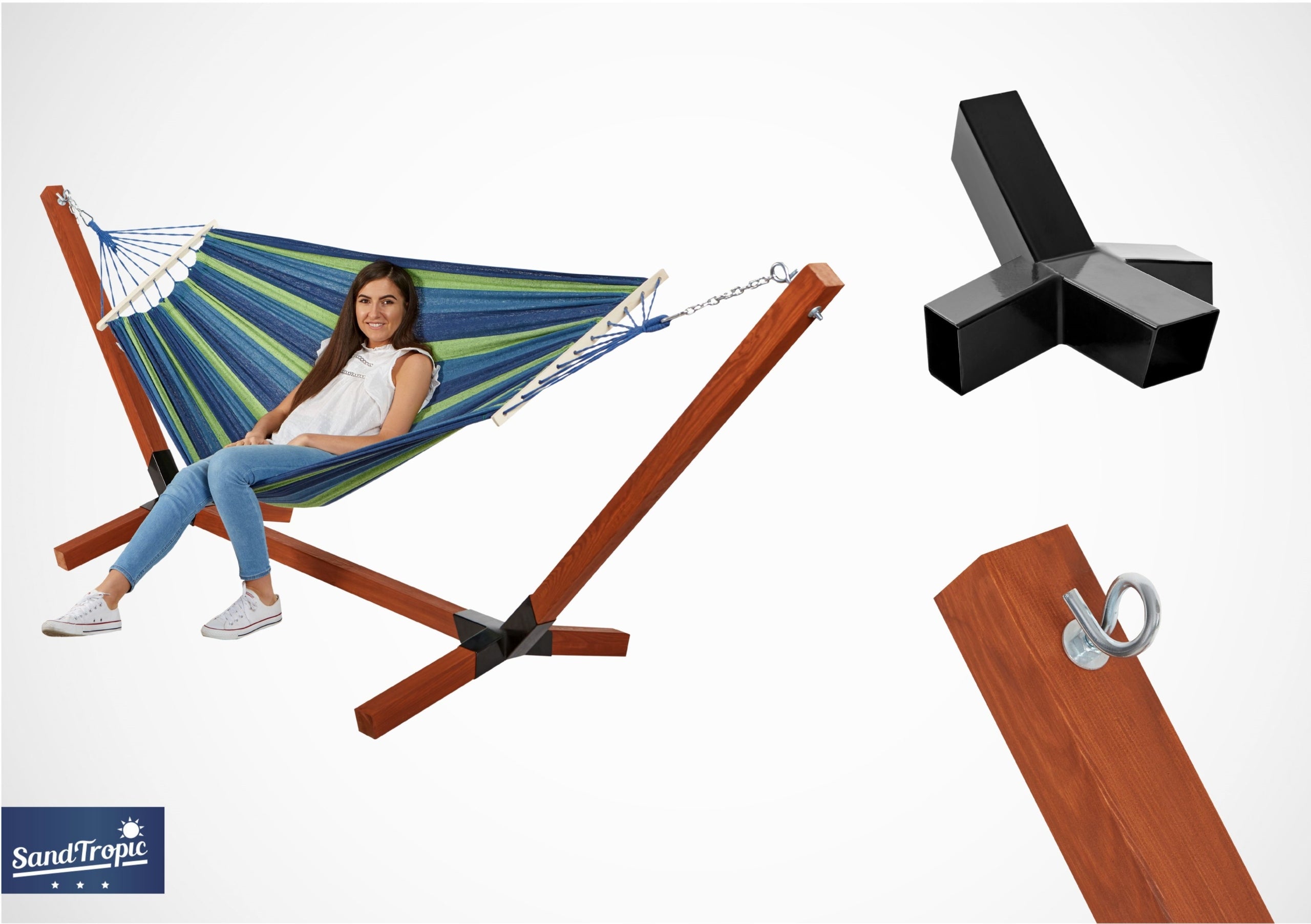 Set Wooden Hammock Frame Impregnated 150kg + 2-Person Hammock Color black