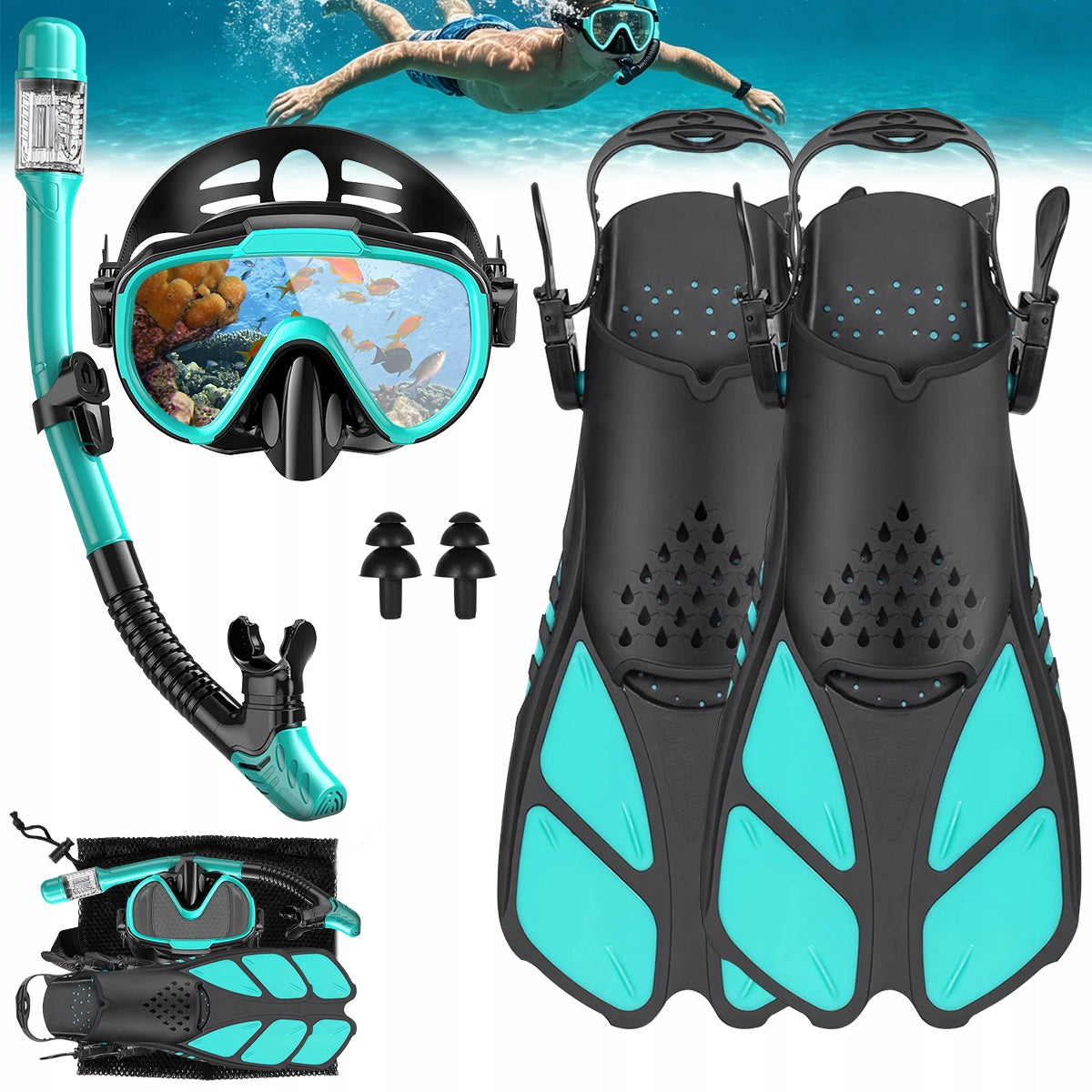 Set for swimming and diving fins adjustable anti-steam mask