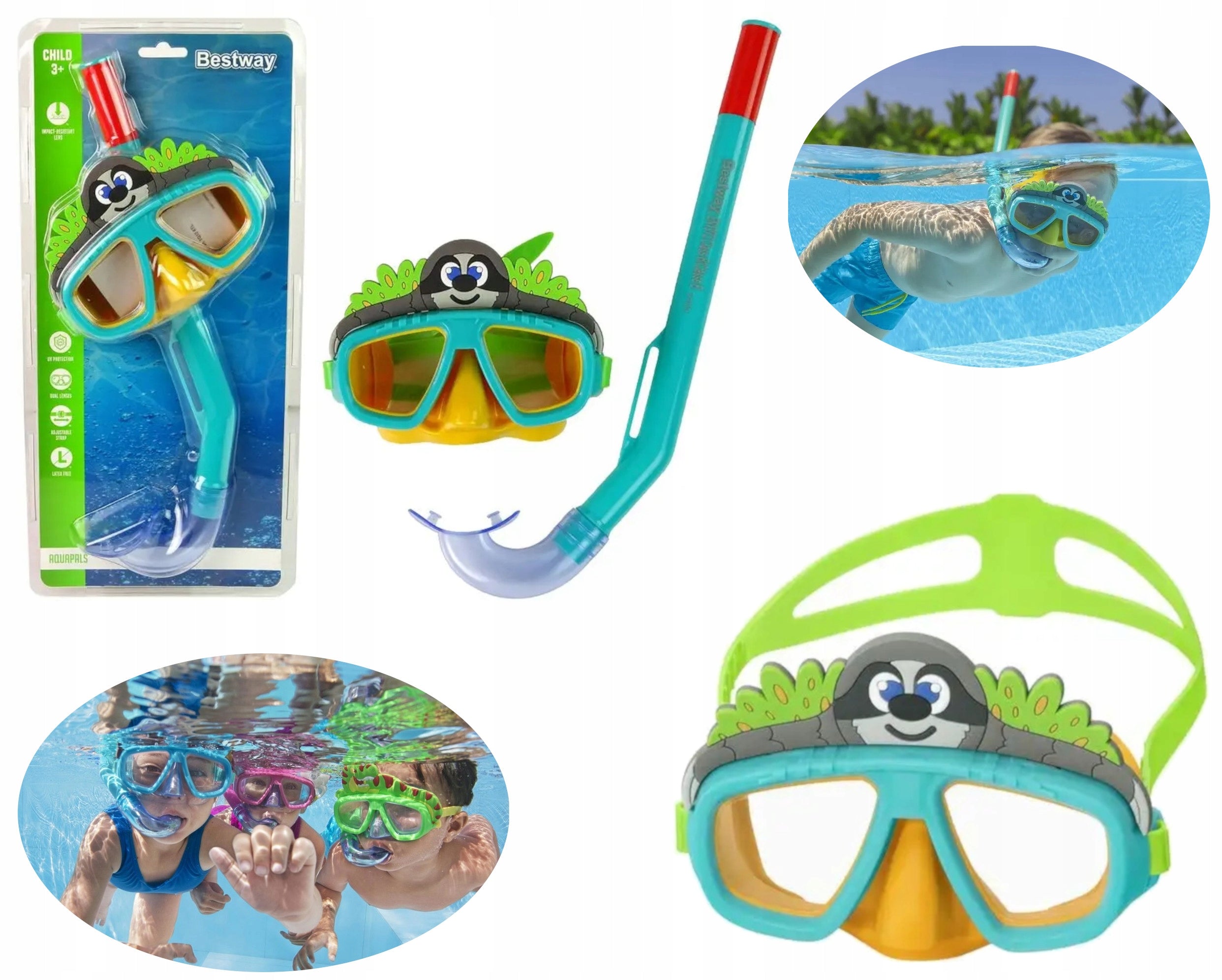 Set mask snorkel for children tube green children