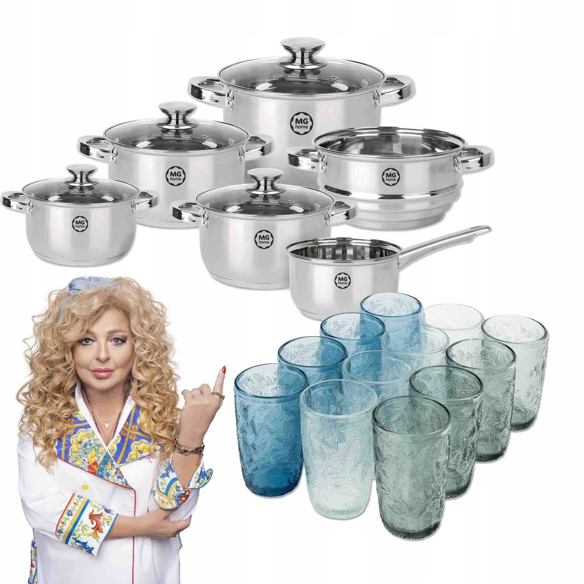 Set of 10el steel pots with lids + set of 12el glasses