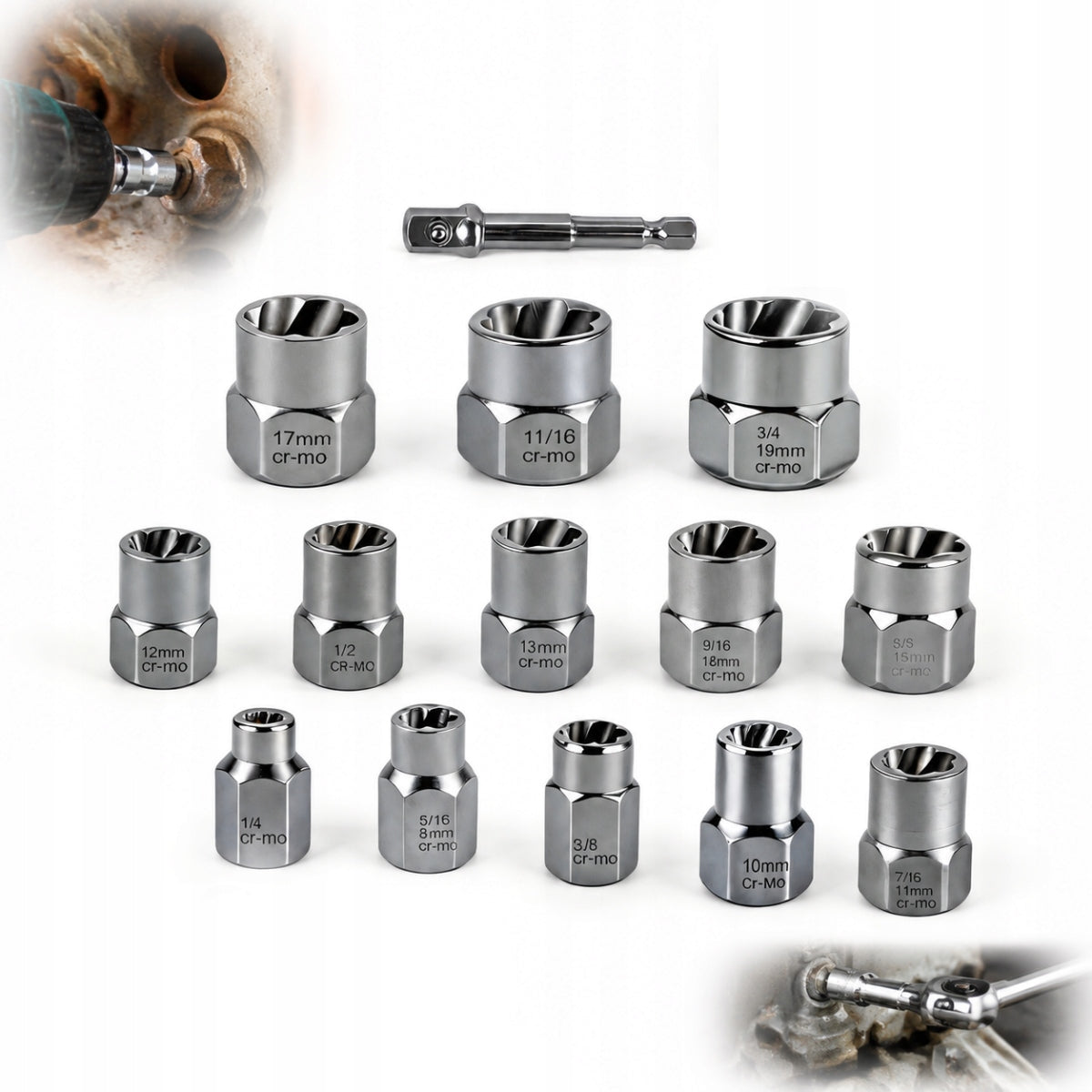Set of 14 sockets for removing rusted screws – 6,35-19 mm, in a box