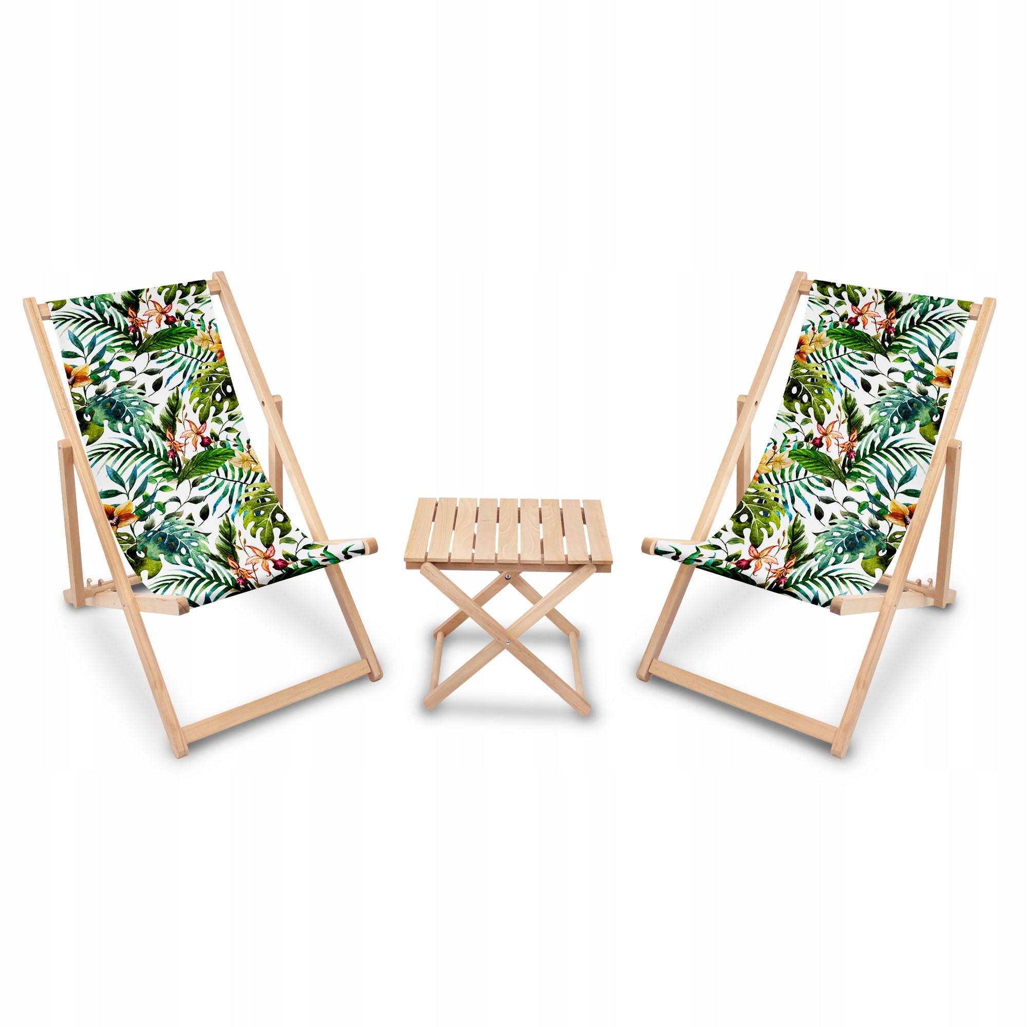Set of 2 Deckchairs + Coffee Table Wooden Folding Balcony Folding Deckchair