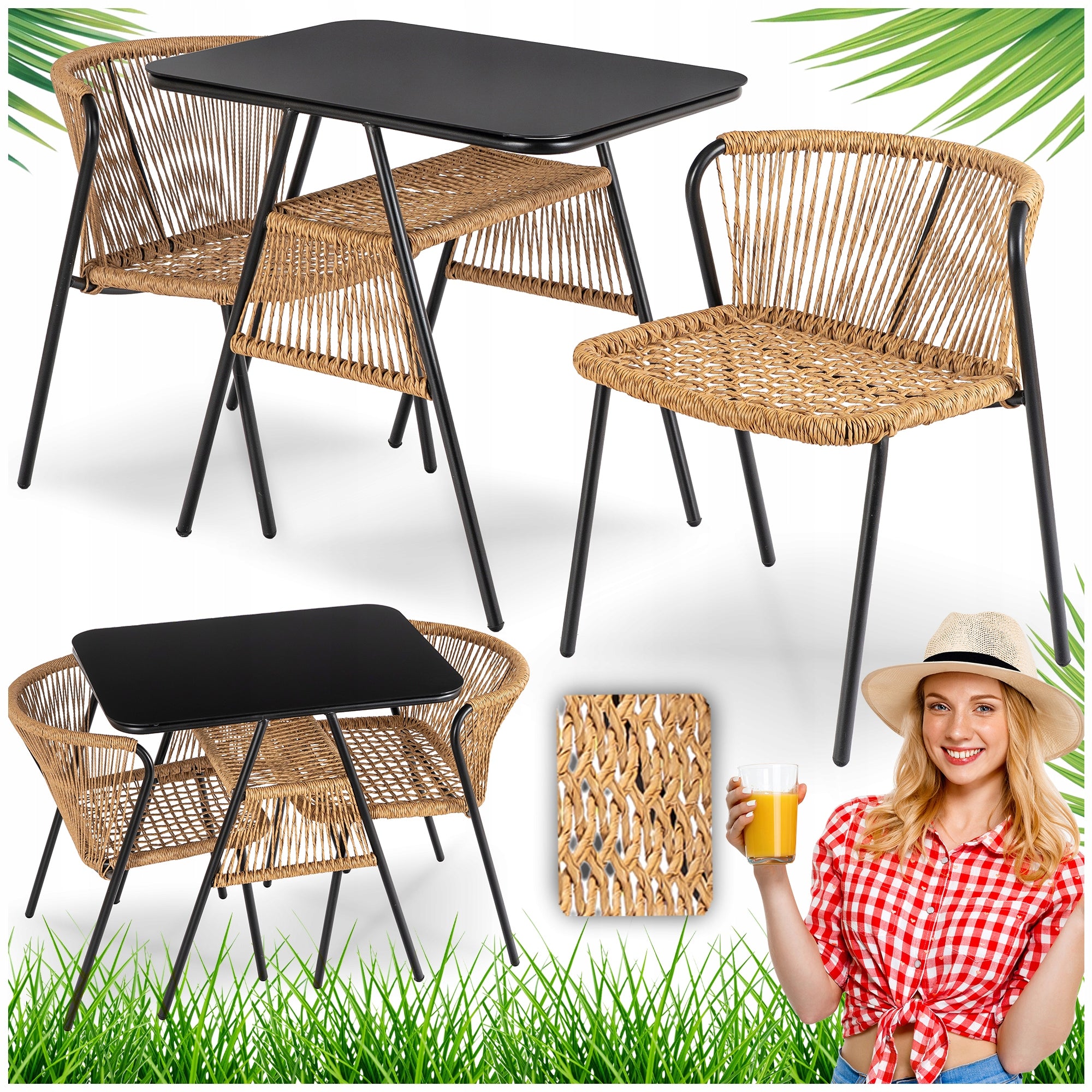 Set of 2 Garden Chairs And Table Rattan For Garden Balcony Terrace Bronze TRISTE