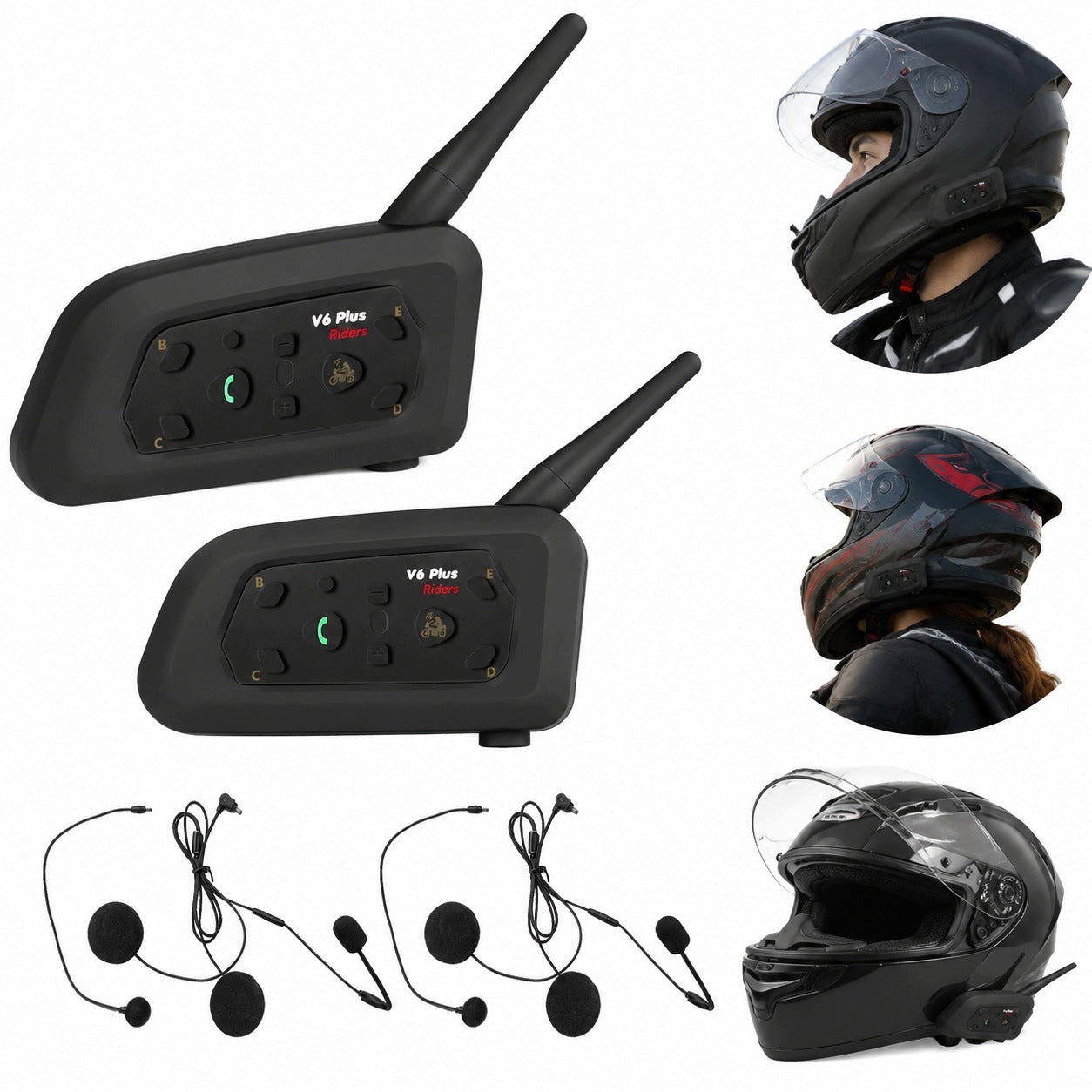 Set of 2 intercoms V6 Plus Bluetooth 5.1 for helmet, connectivity 6 pers.