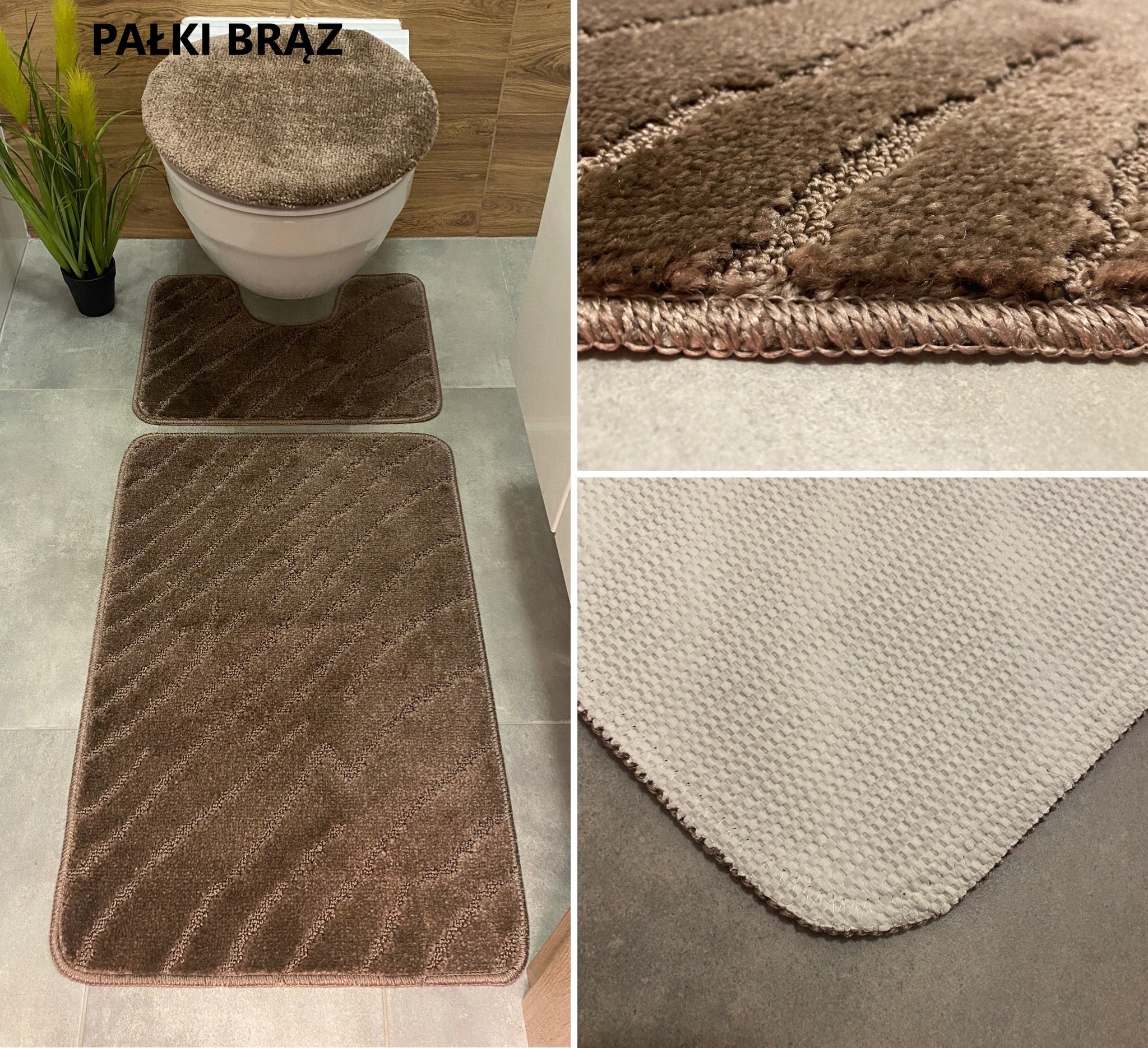 Set of 3-Piece Bathroom Rug Rubberized Quick Drying Mix of Patterns Length 80 cm