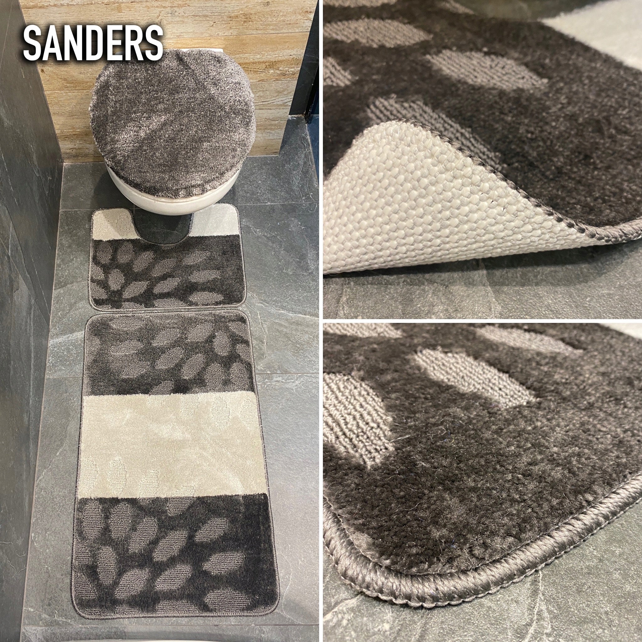 Set of 3-Piece Bathroom Rug Rubberized Soft Non-Slip Thickness 12 mm