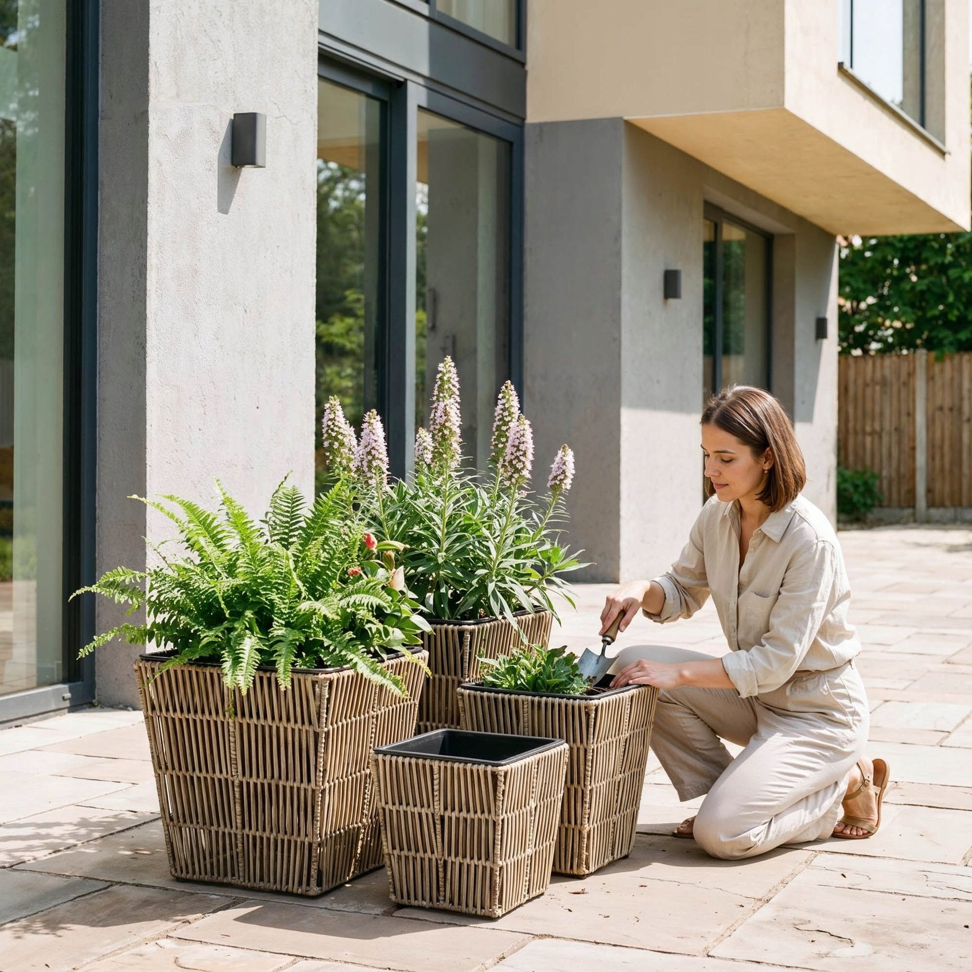 Set of 3 Polyrattan Pots with Refill Garden Pots Balcony Terrace Brand di volio