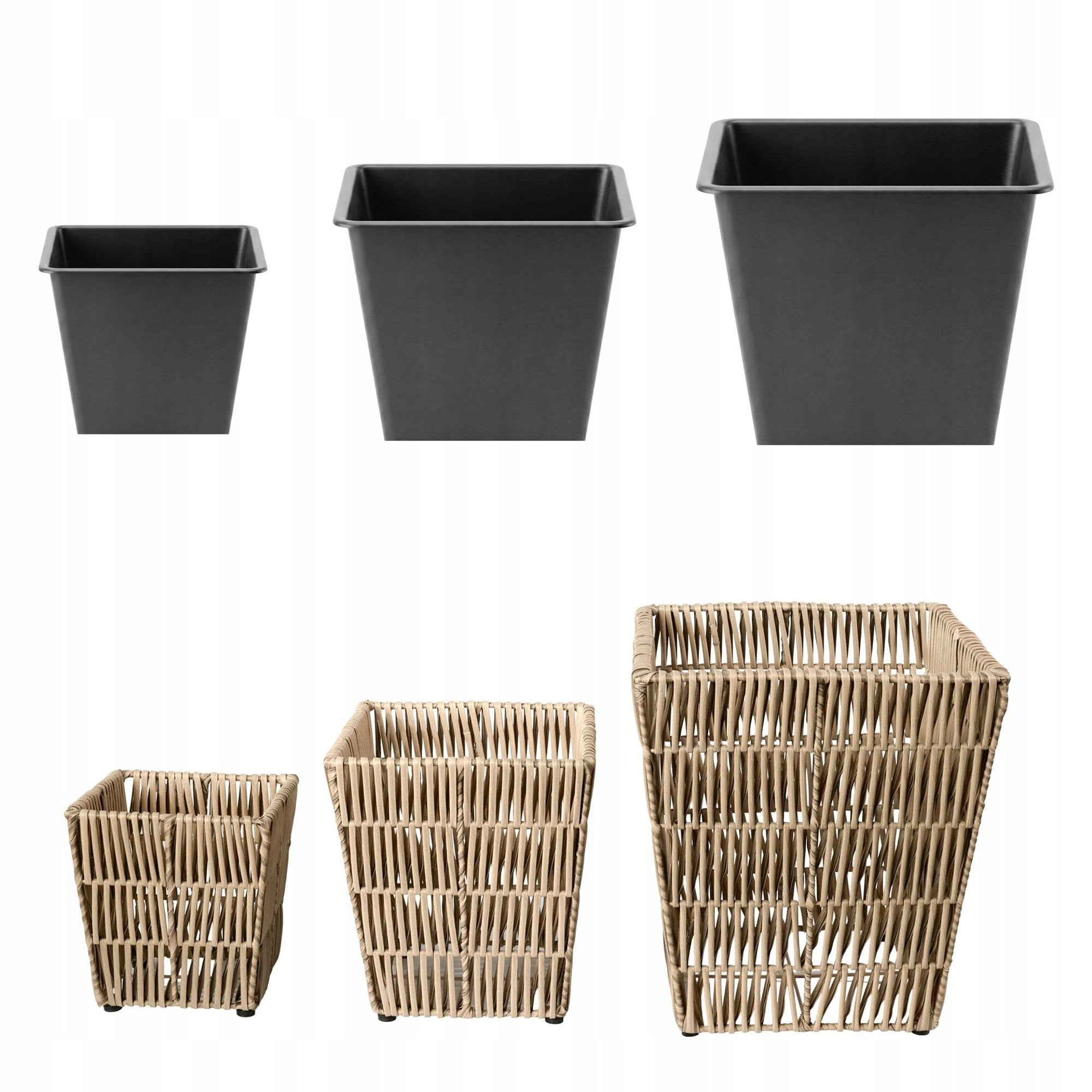 Set of 3 Polyrattan Pots with Refill Garden Pots Balcony Terrace Length 34.5 cm