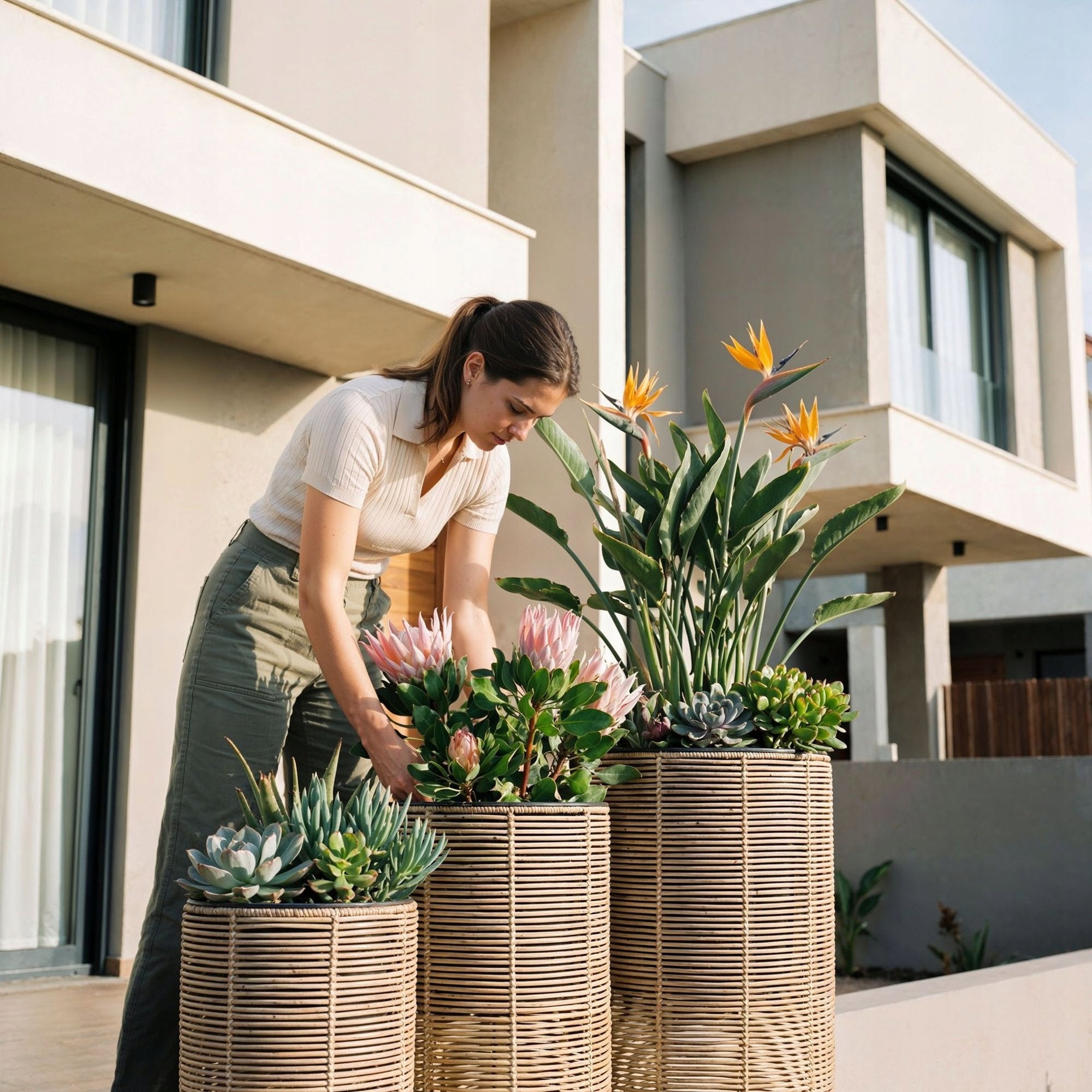 Set of 3 Polyrattan Pots with Refill Garden Pots Balcony Terrace Living Room Packaging status original