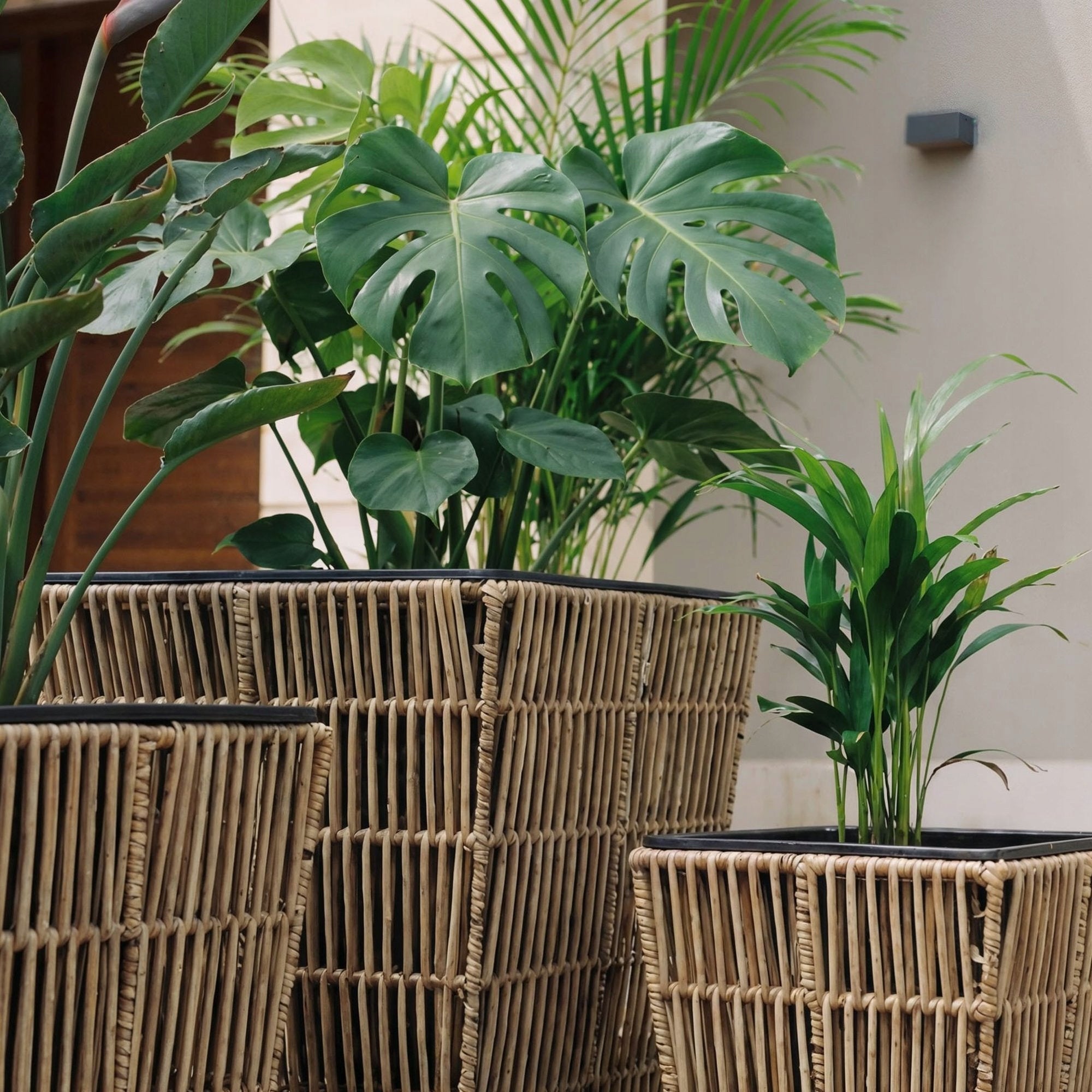 Set of 3 Polyrattan Pots with Refill Garden Pots Balcony Terrace Product height 39 cm