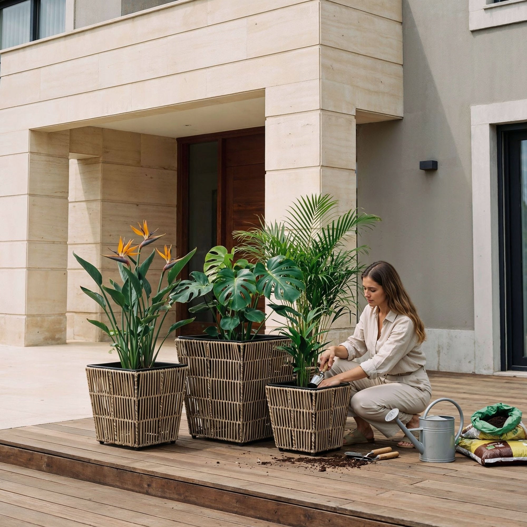 Set of 3 Polyrattan Pots with Refill Garden Pots Balcony Terrace Shape square
