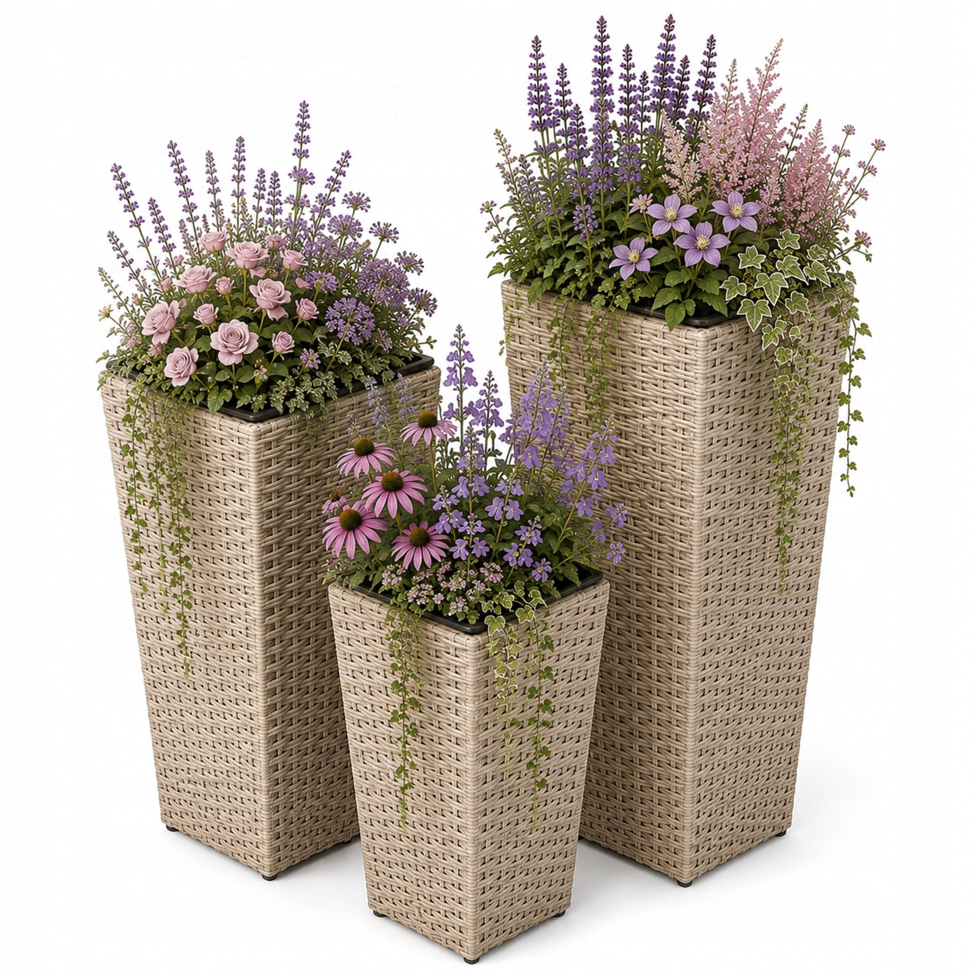 Set of 3 Polyrattan Pots with Refill Garden Pots Terrace Living Room