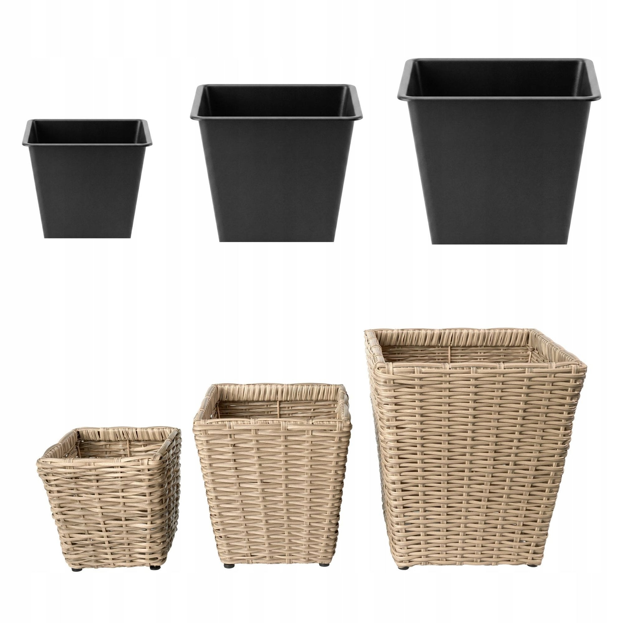 Set of 3 Technorattan Garden Pots with Pot Insert Terrace Living Room Length 34.5 cm