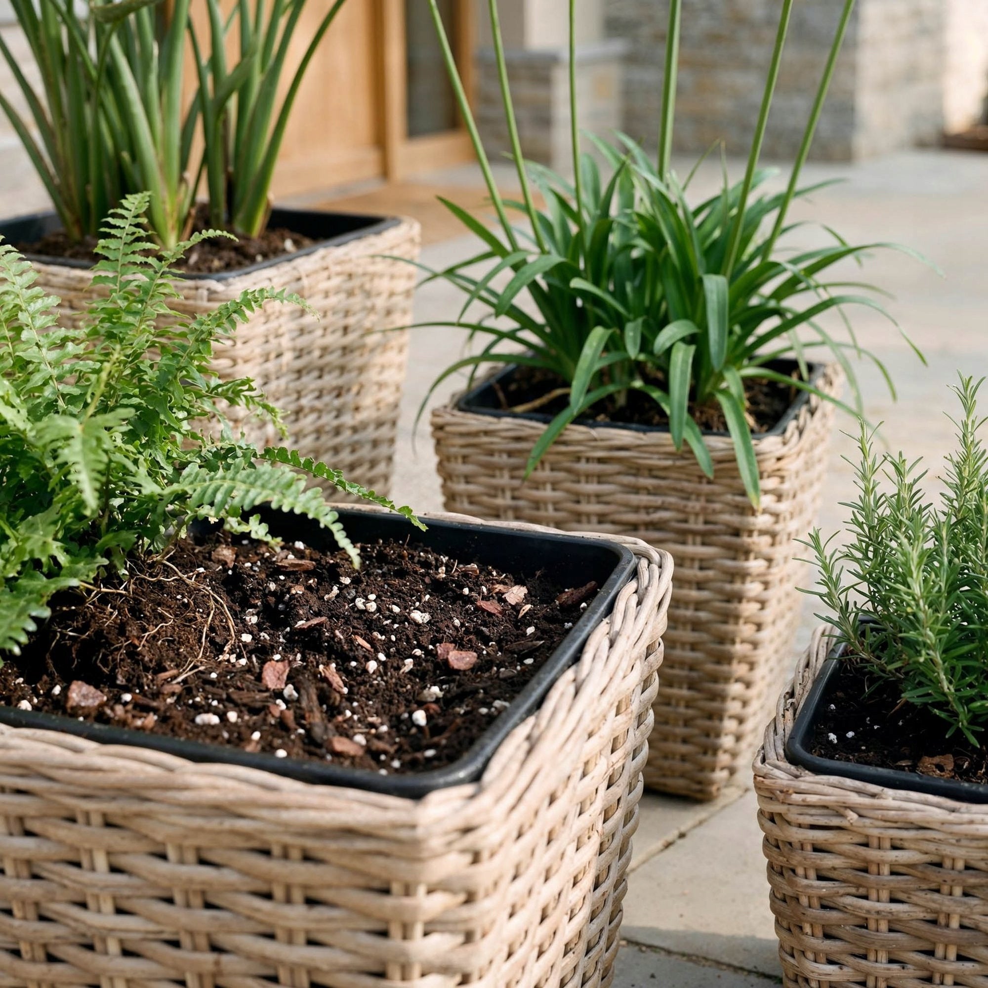 Set of 3 Technorattan Garden Pots with Pot Insert Terrace Living Room Product height 39 cm