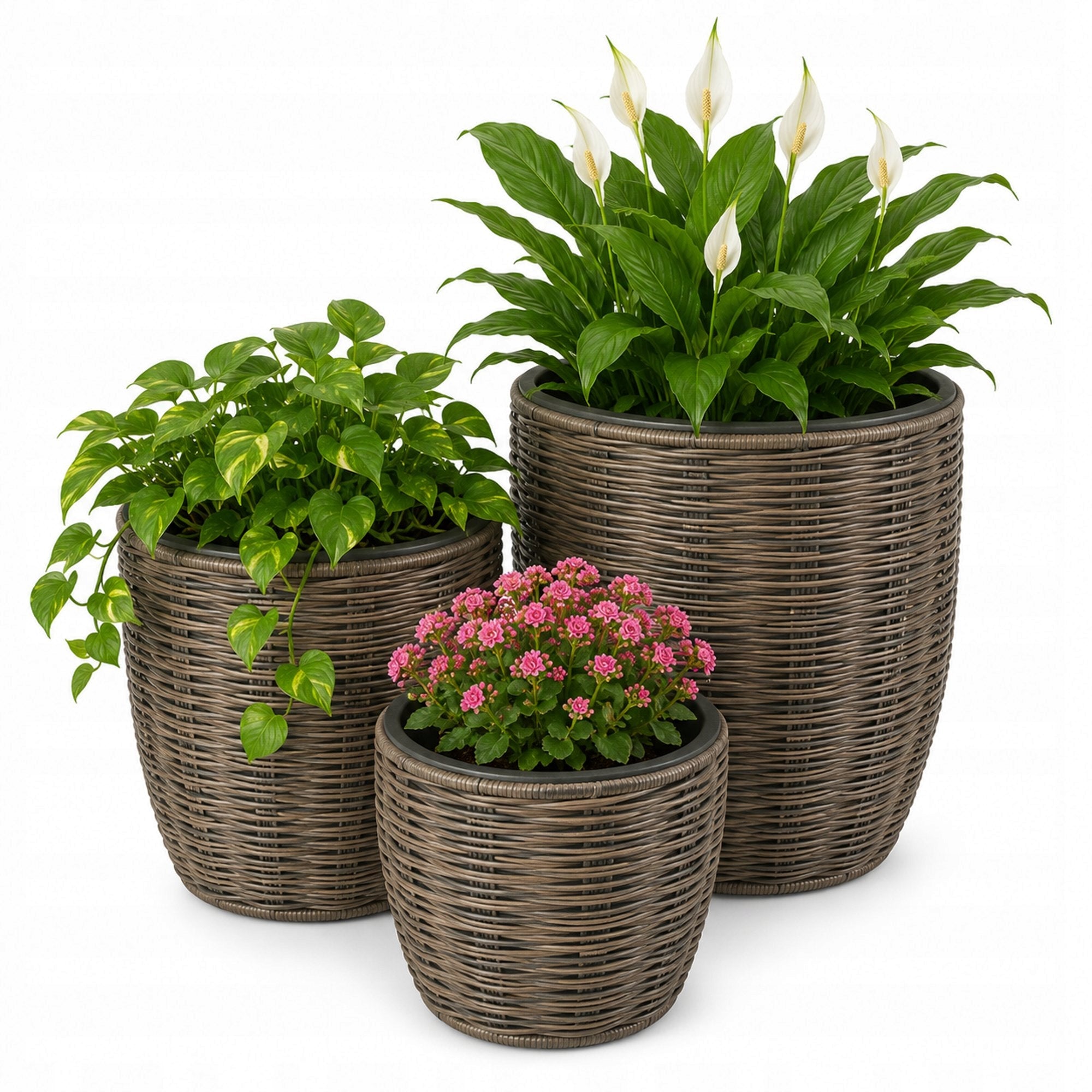 Set of 3 Technorattan Garden Pots with Pot Refill Living Room Terrace