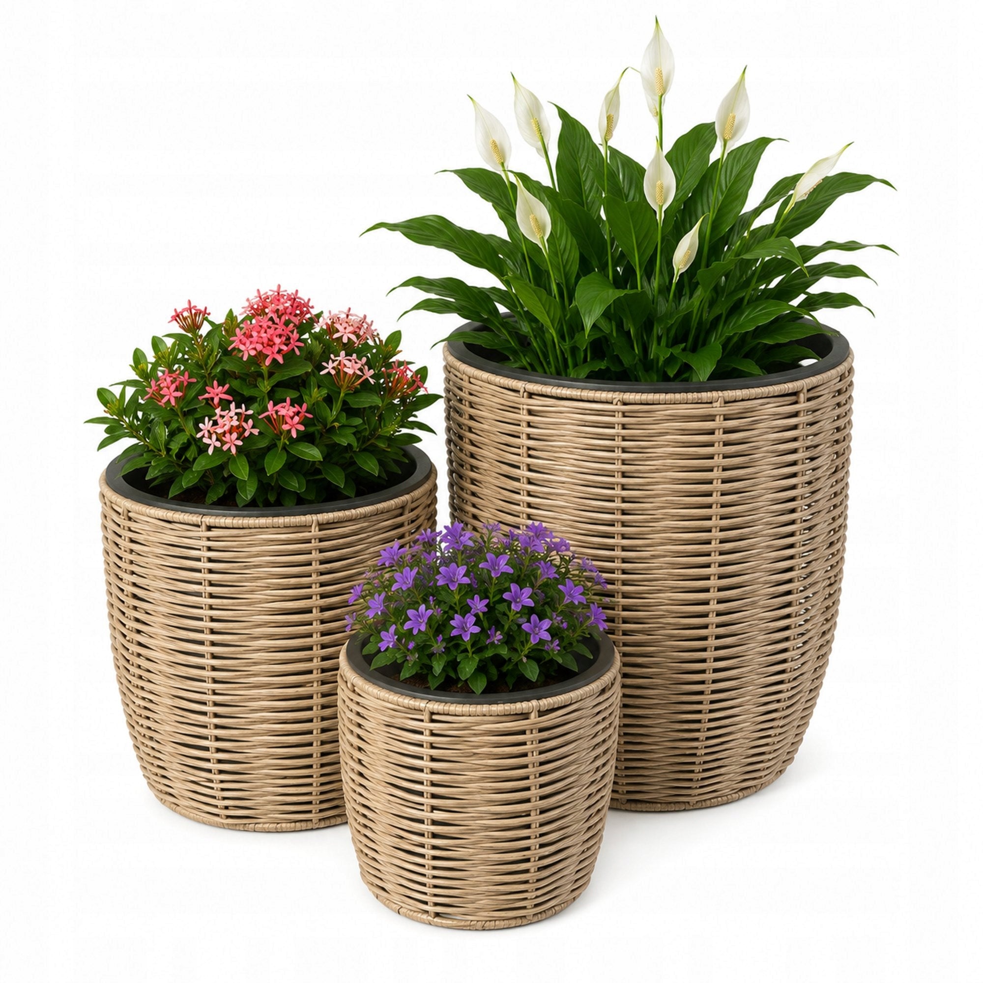 Set of 3 Technorattan Garden Pots with Refill Garden Pots
