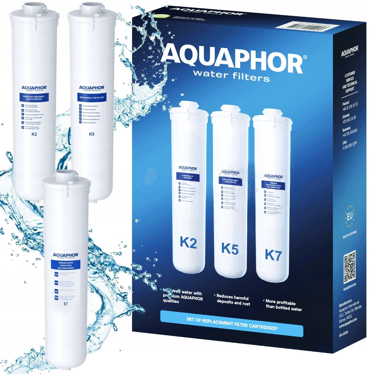 Set of 3 replacement cartridges K2 + K5 + K7 for water filter Aquaphor crystal A