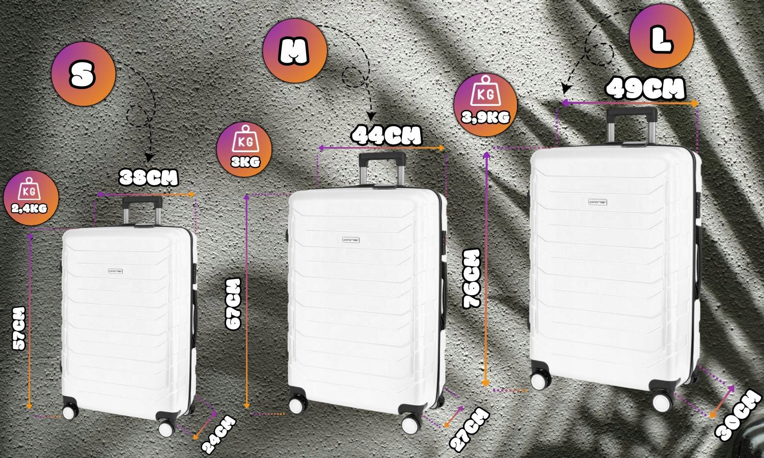 Set of 3 travel suitcases 3in1 ABS luggage trunk on wheels 94L+63L+40L Depth (shorter edge) 30 cm