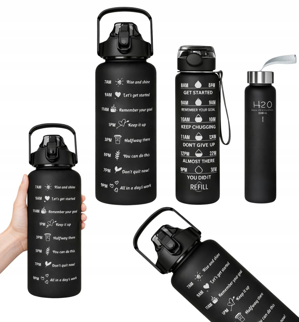 Set of 3 water bottles water bottle motivational training 2000ml+900ml+300ml