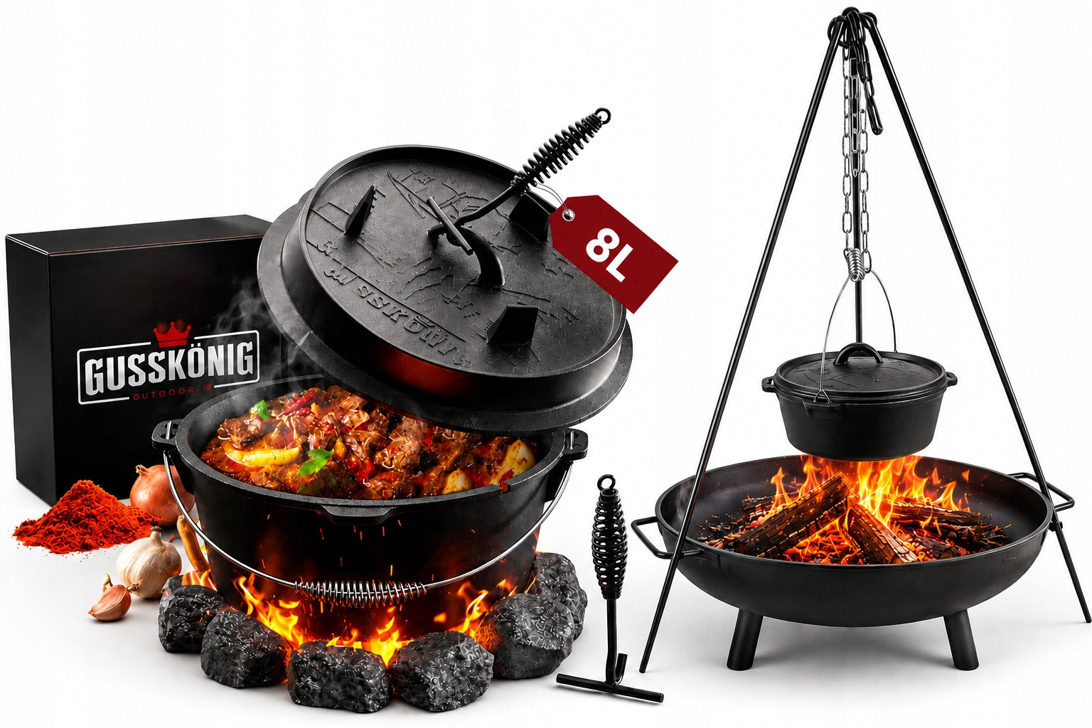 Set of 3in1 Hunting Hanging Boiler 8L Garden Tripod Fire Pit Grill