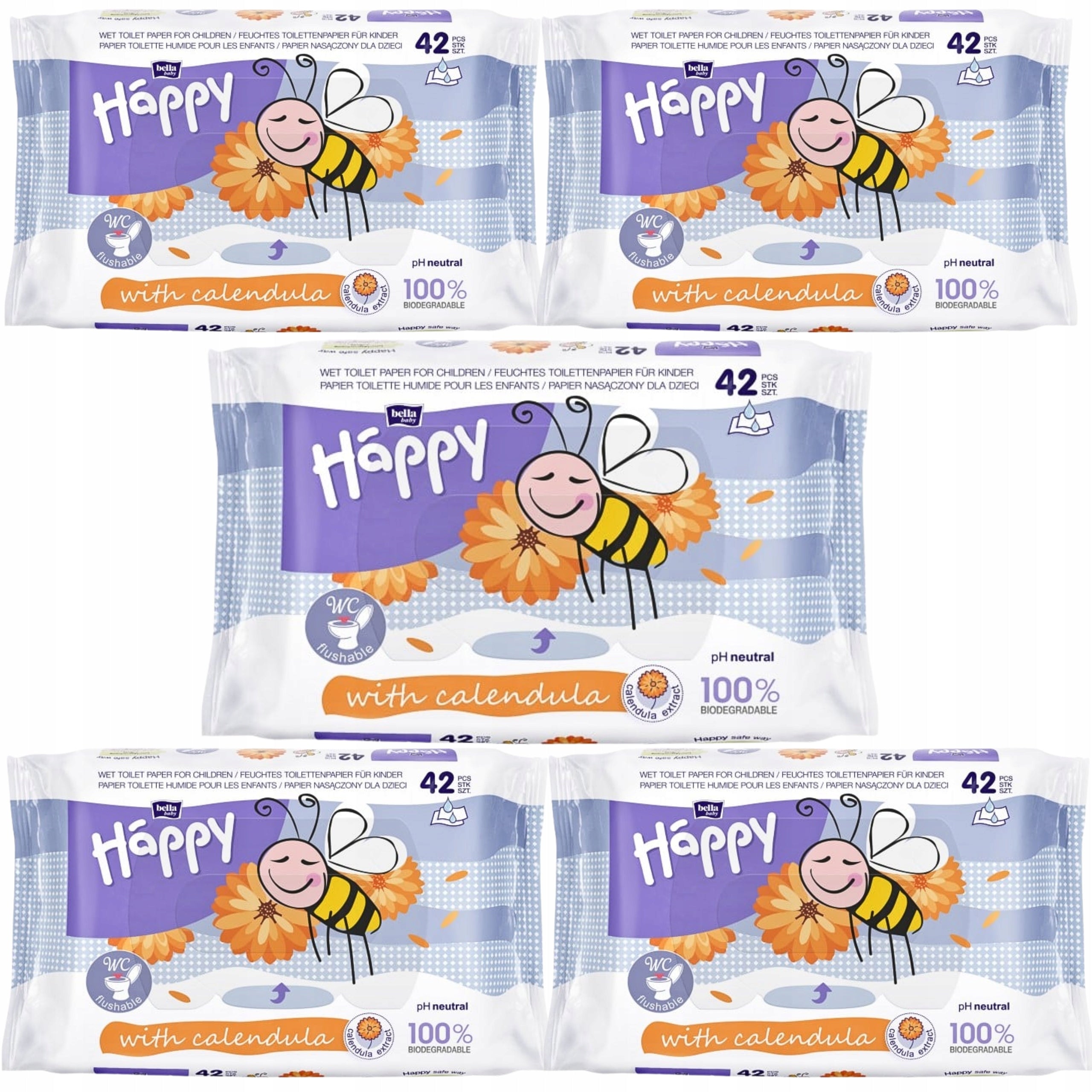 Set of 5x MOISTENED TOILET PAPER WITH MARIGOLD BELLA BABY HAPPY 42 PCS.