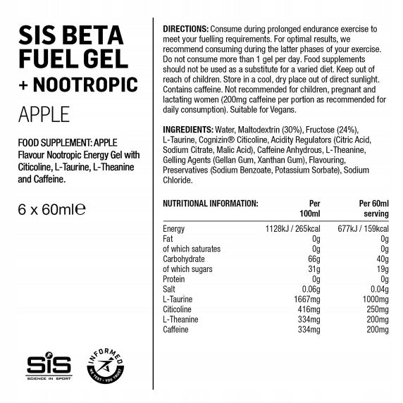 Set of 6 x Energy Gel SIS BETA FUEL GEL Nootropics - Apple 60ml Expiration date at least six months from the date of purchase