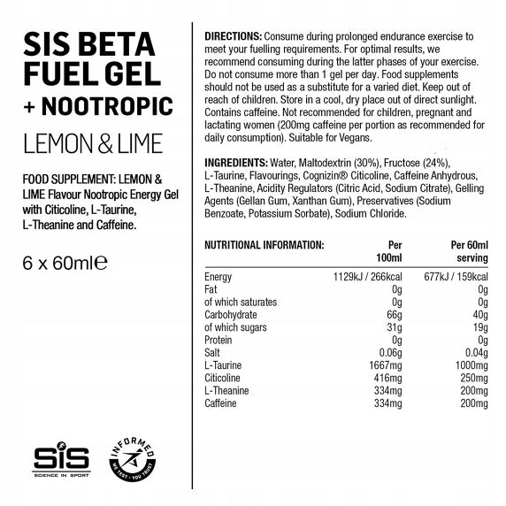 Set of 6 x Energy gel SIS BETA FUEL GEL Nootropics lemon-lime Expiration date at least six months from the date of purchase