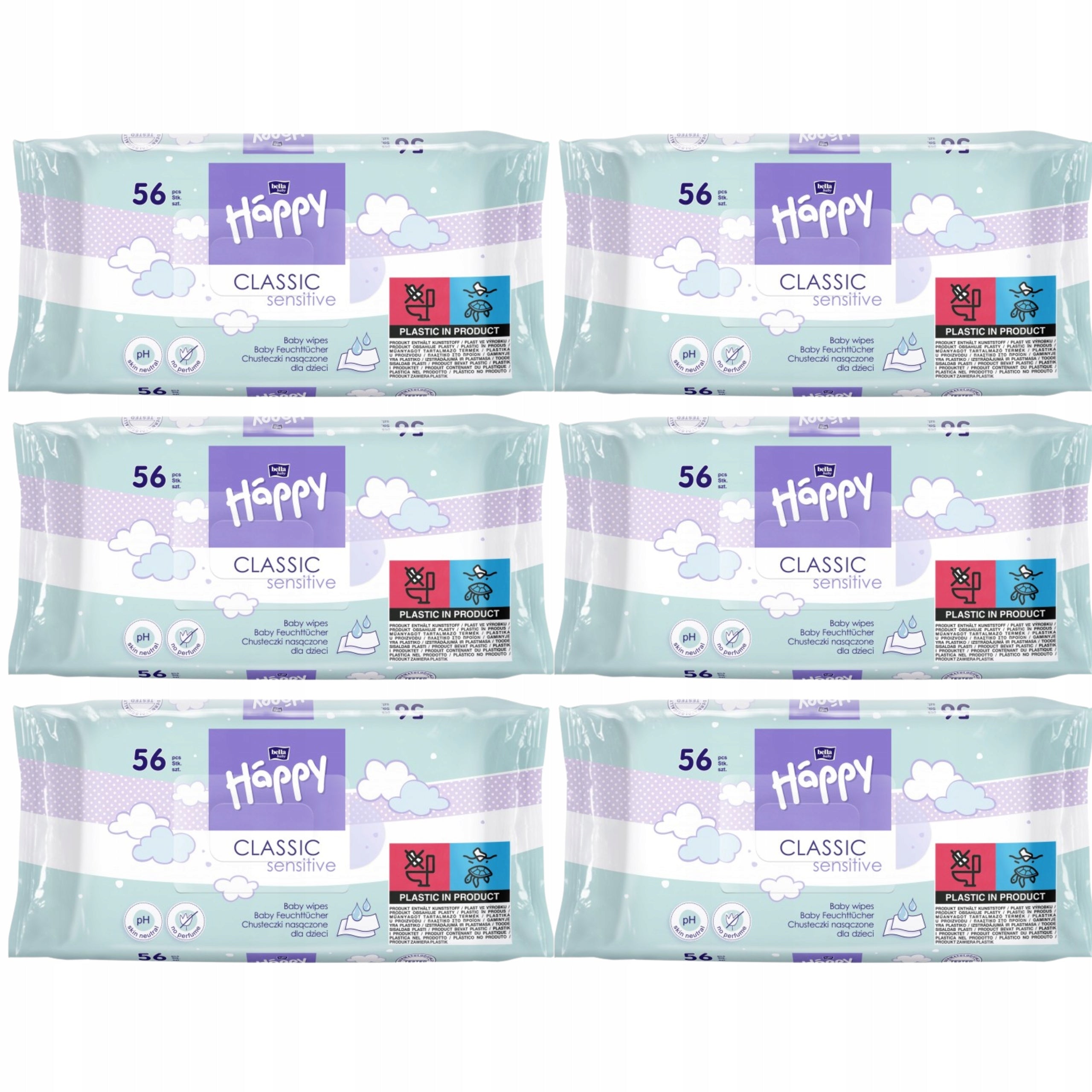 Set of 6xWET WIPES BELLA HAPPY CLASSIC SENSITIVE 56PCS.
