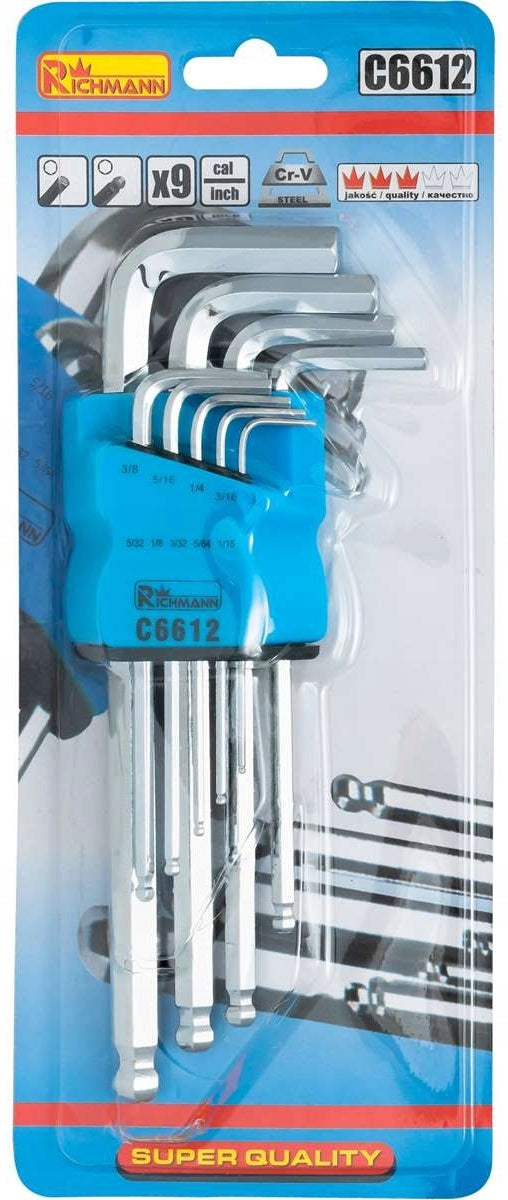 Set of 9 Allen Wrenches Inch Ball 1/16" to 3/8" Packaging status original