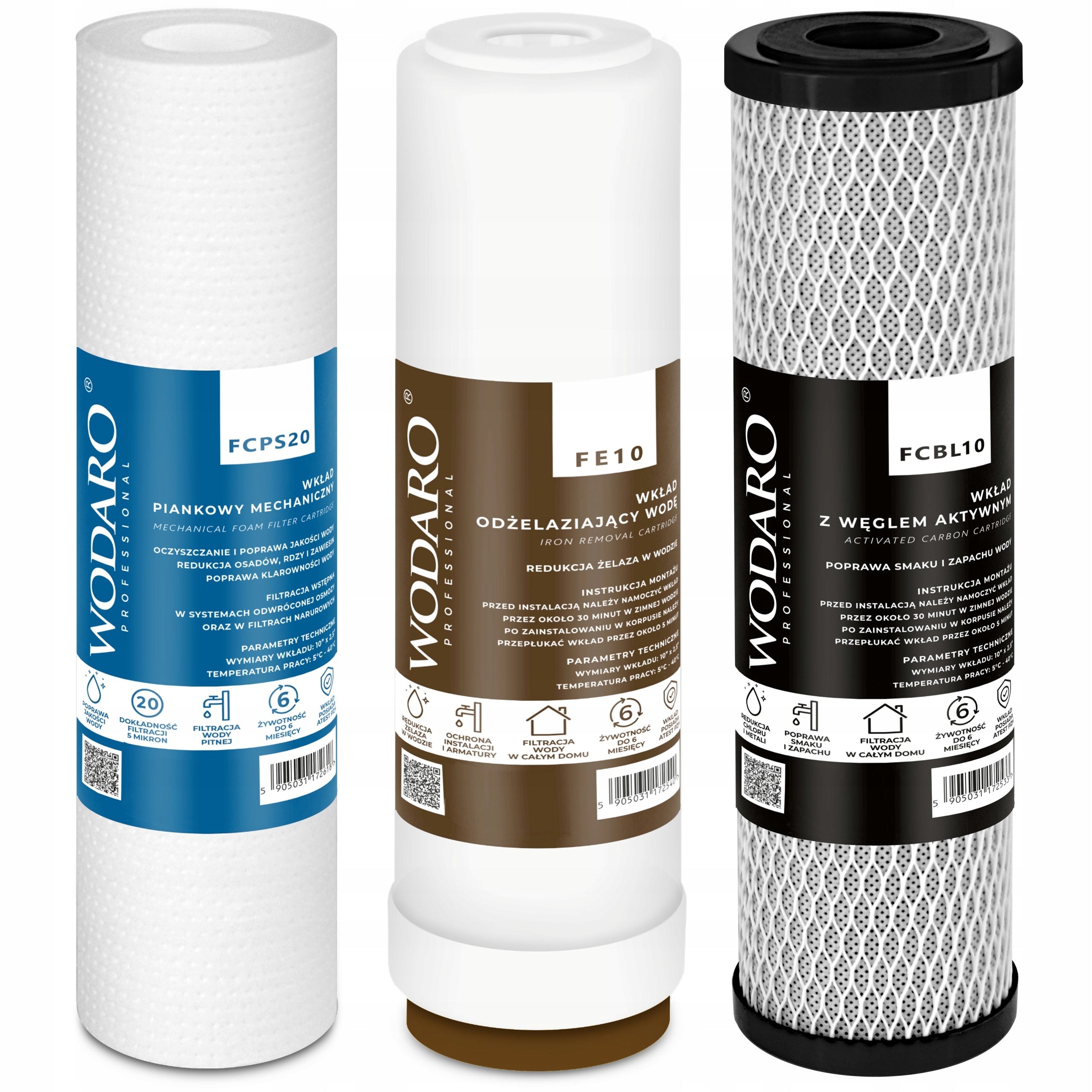 Set of Cartridges Water Filters for Whole House 3-Stage Iron Remover WodaRO 10"
