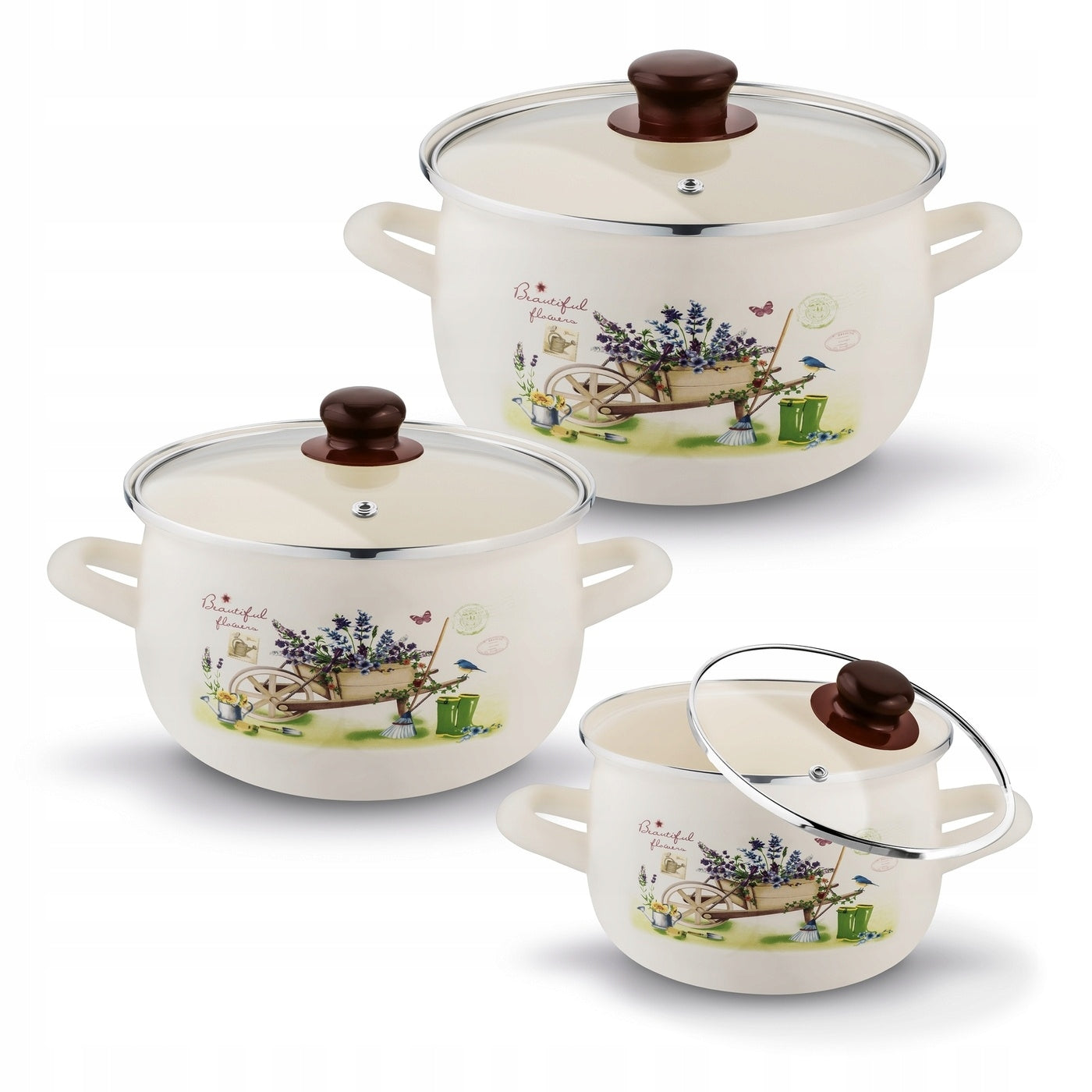 Set of ENAMEL POTS with lid INDUCTION GAS SOLID Tadar Garden 6el
