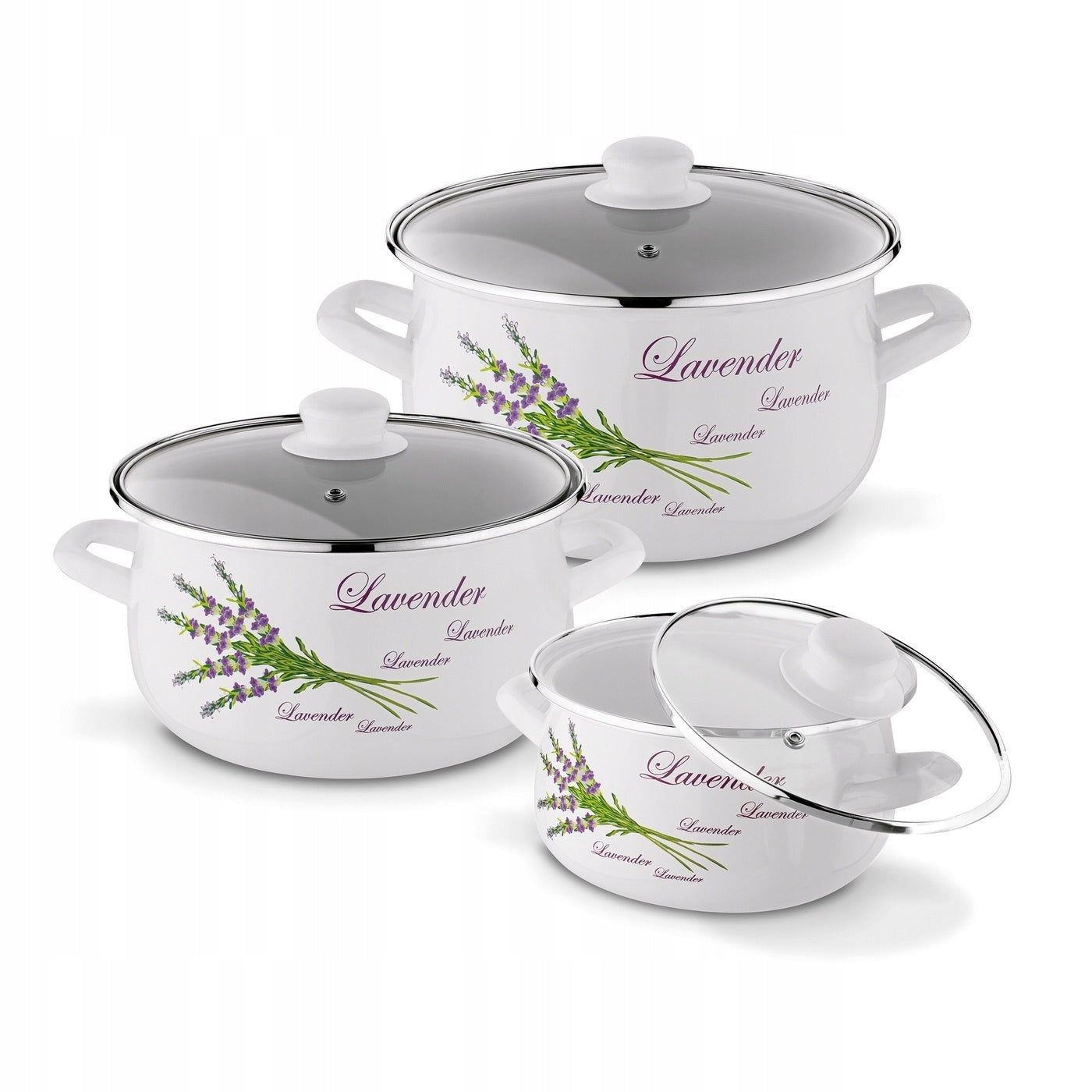 Set of Enamel Pots 6 Elements Lid Handles Induction Gas Solid Packaging status original