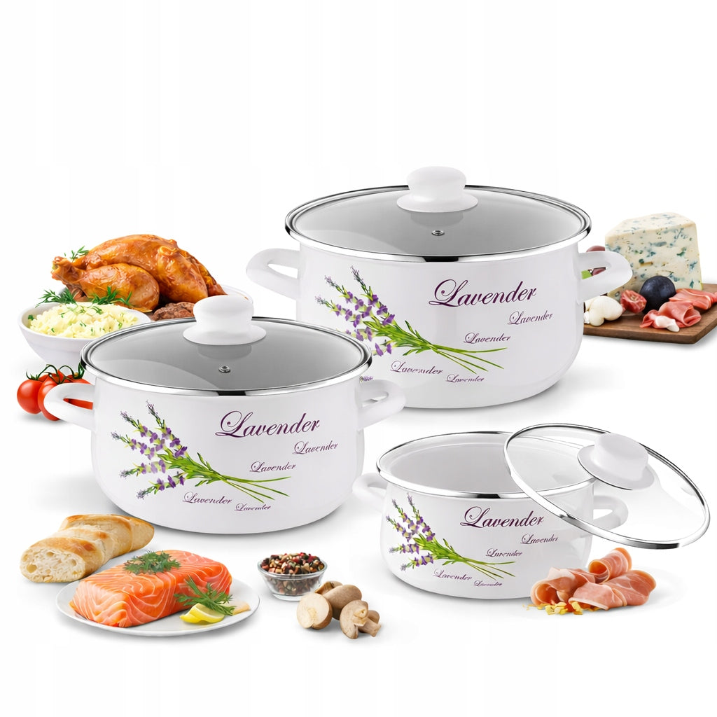 Set of Enamel Pots 6 Elements Lid Handles Induction Gas Solid