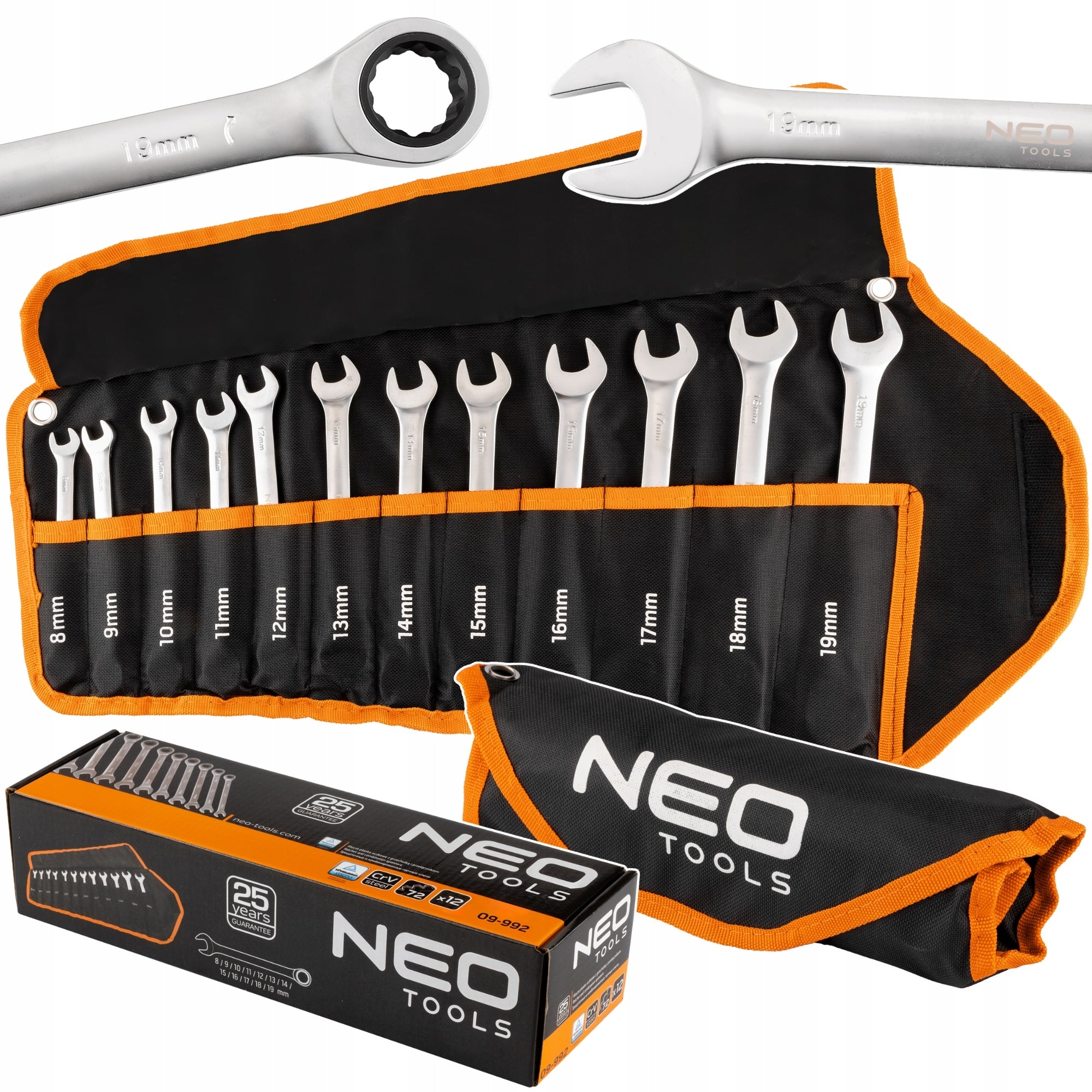 Set of Flat Eye Wrenches with Ratchet 8-19 mm 12 pcs. NEO TOOLS