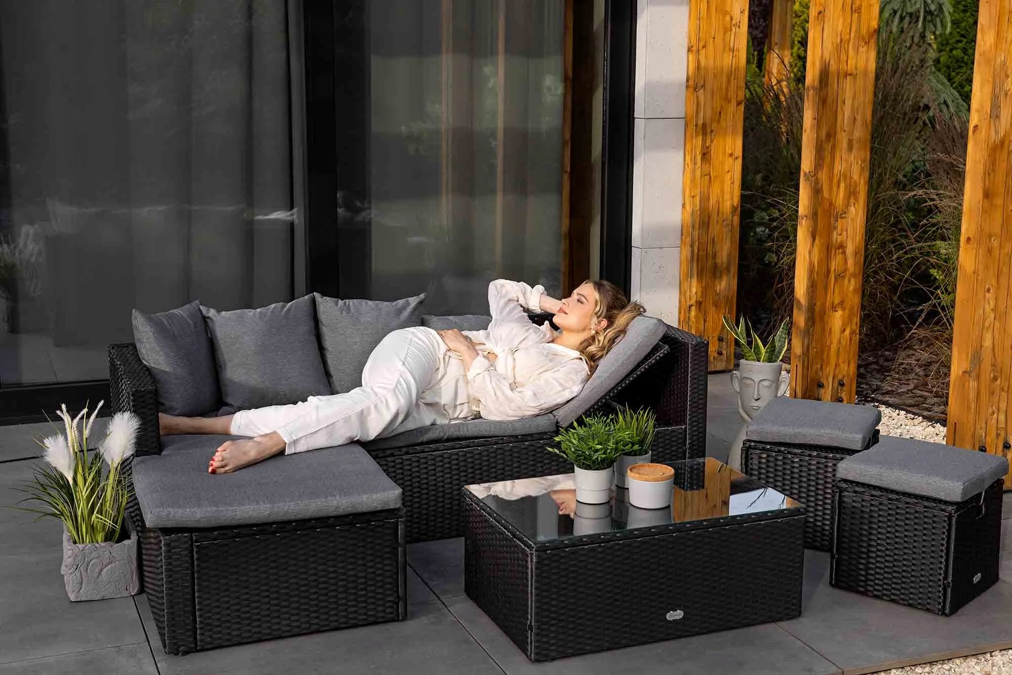 Set of Garden Furniture Black Corner Poufs Table Technorattan di volio Packaging status original