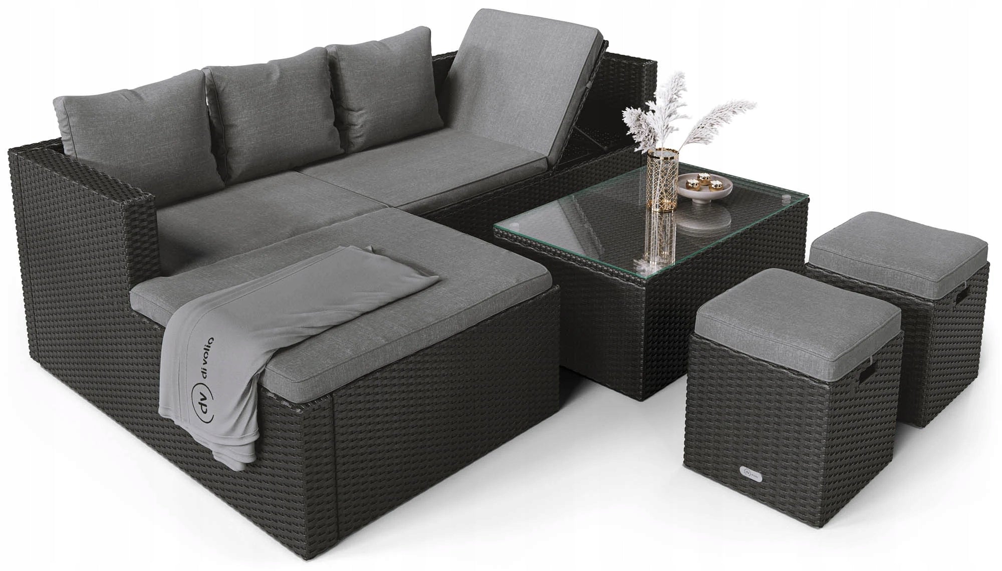 Set of Garden Furniture Black Corner Poufs Table Technorattan di volio