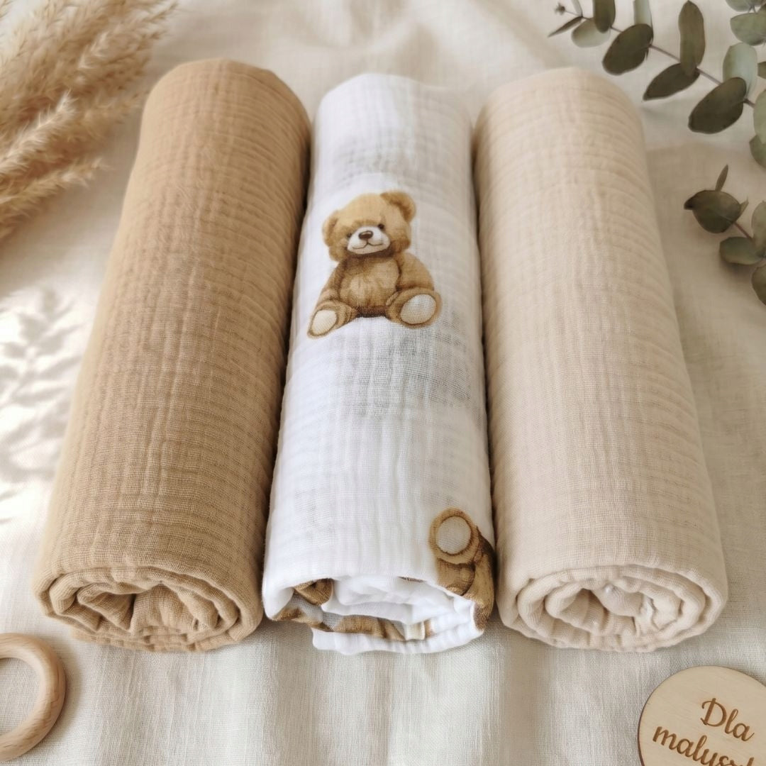Set of Muslin Diapers 3 pcs Light Beige, Beige, Fairytale Bears Packaging status original