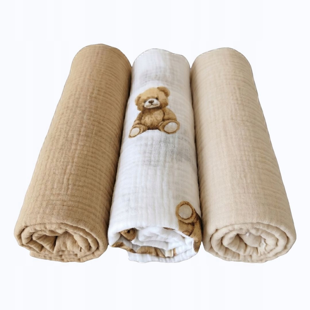 Set of Muslin Diapers 3 pcs Light Beige, Beige, Fairytale Bears