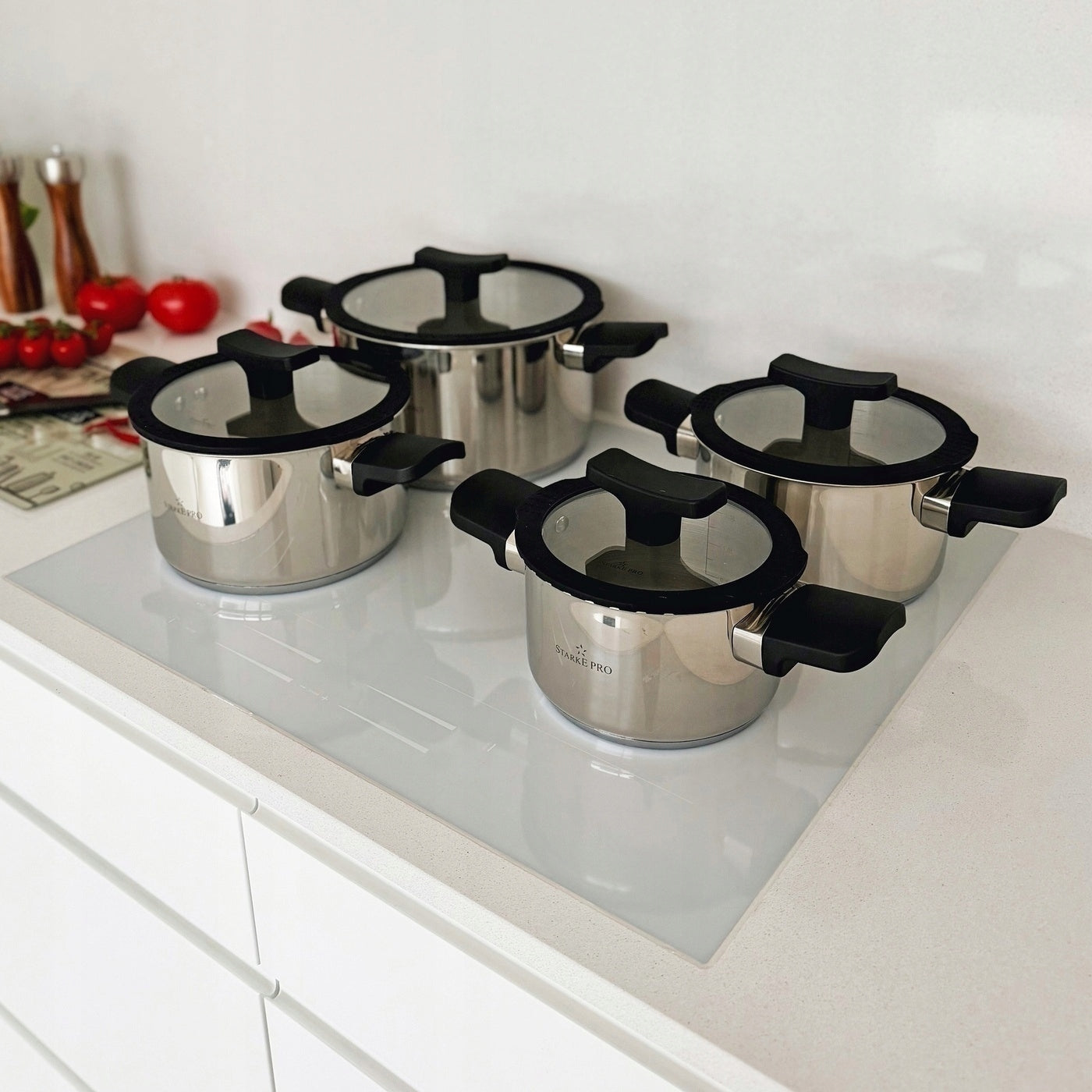 Set of POTS INDUCTION Gas with LID Steel Starke Pro Eterno 8 el Packaging status original