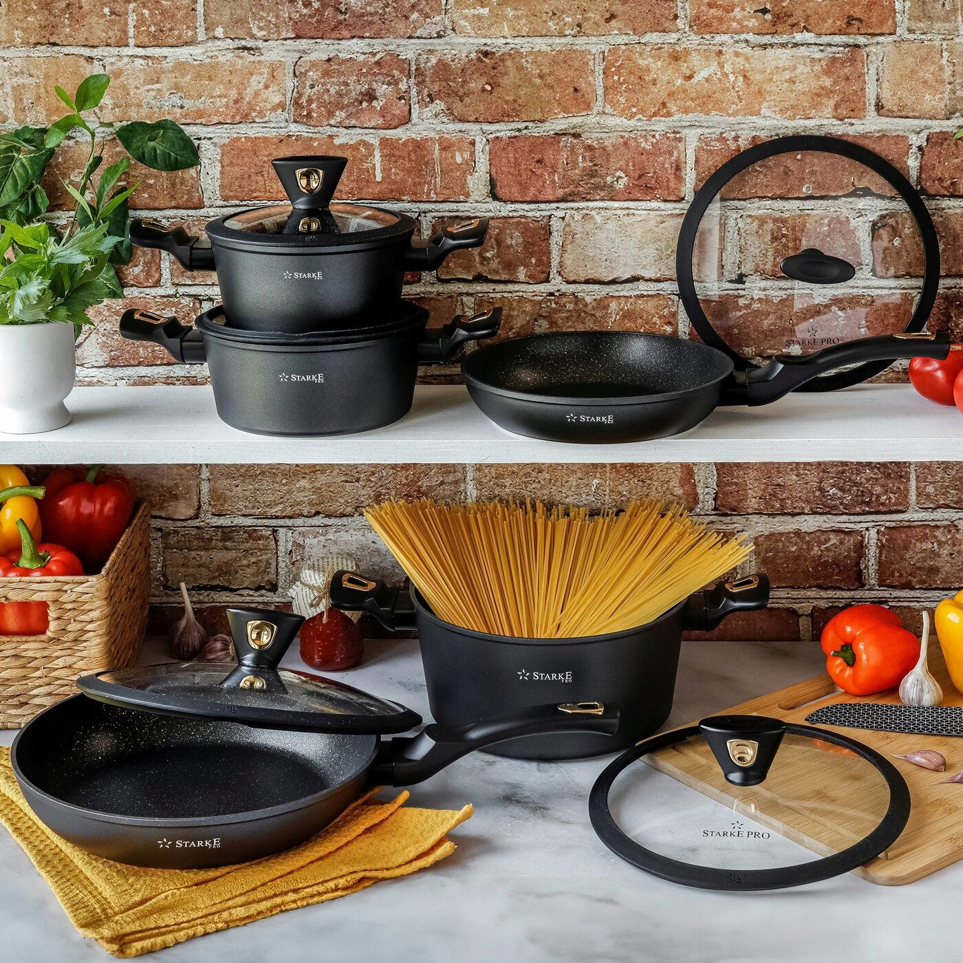 Set of POTS INDUCTION Marble PAN Starke Pro Dark Gold 12 el Material aluminum