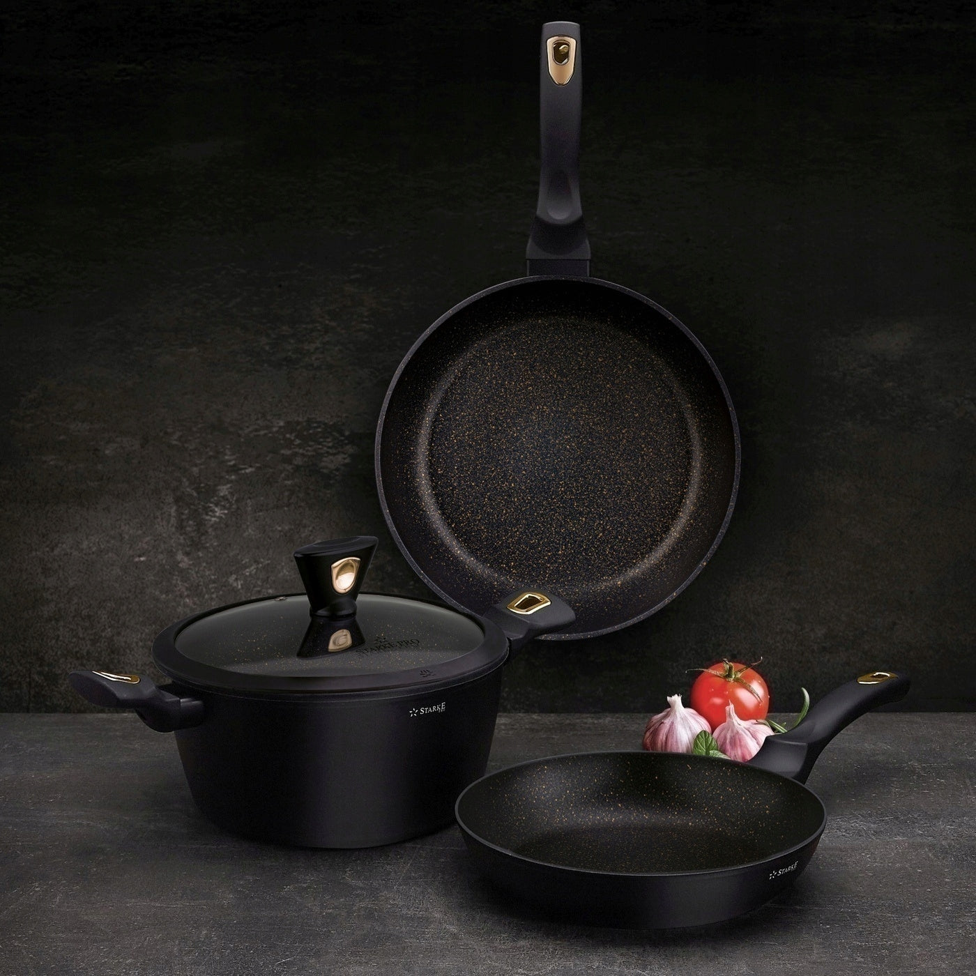 Set of POTS INDUCTION Marble PAN Starke Pro Dark Gold 12 el Packaging status original