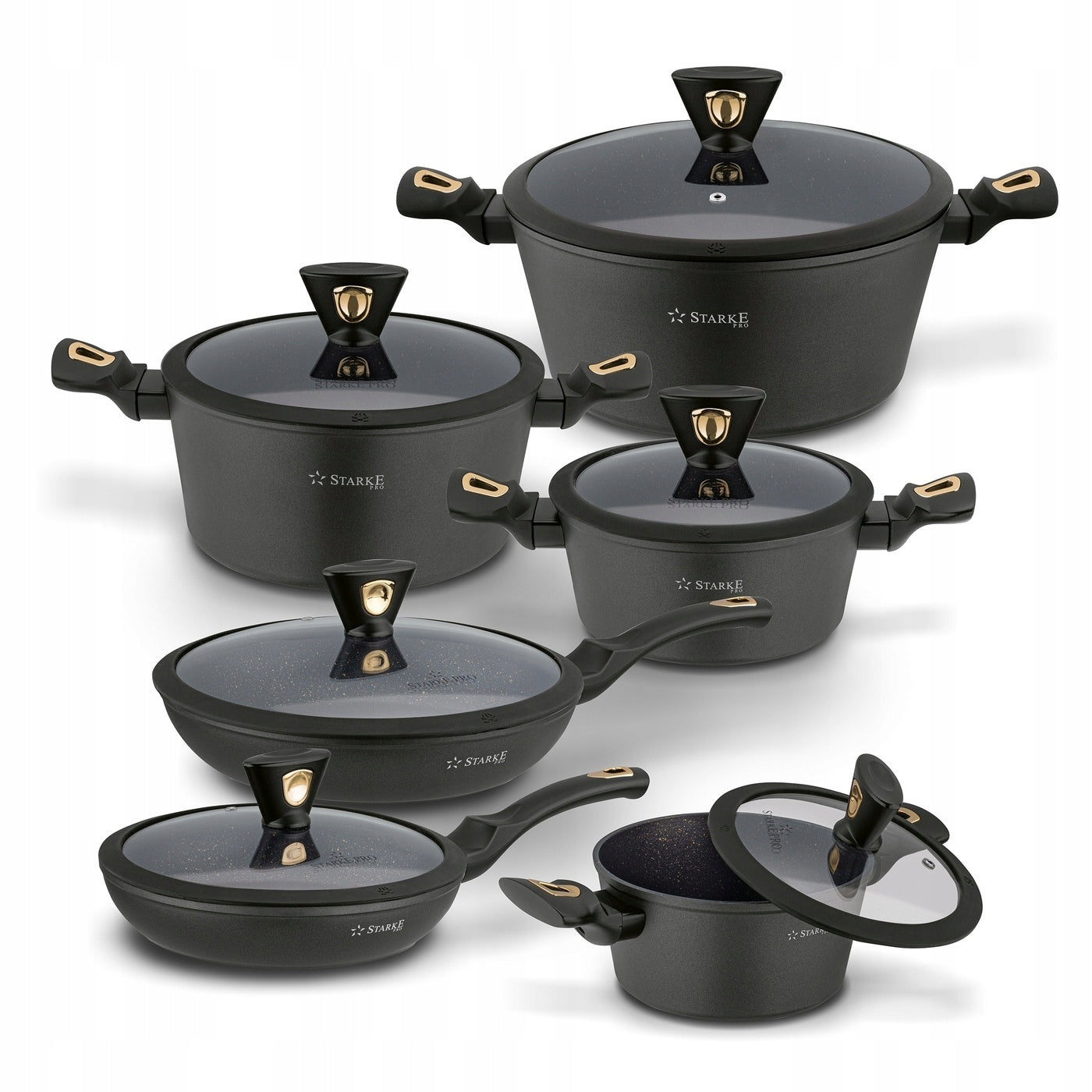 Set of POTS INDUCTION Marble PAN Starke Pro Dark Gold 12 el