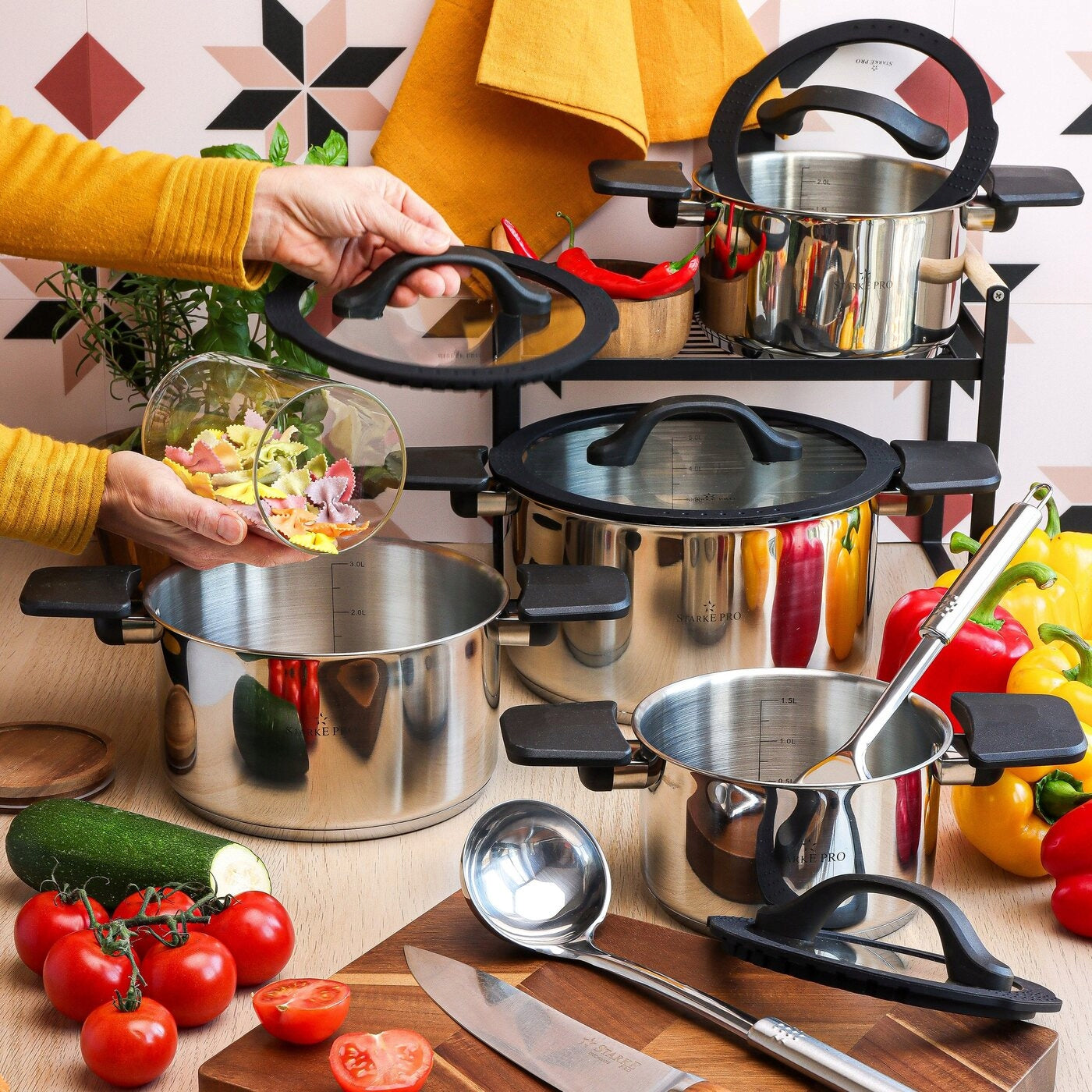 Set of POTS Induction STEEL Gas Lid Starke Pro Creativ 16/18/20/24 Packaging status original