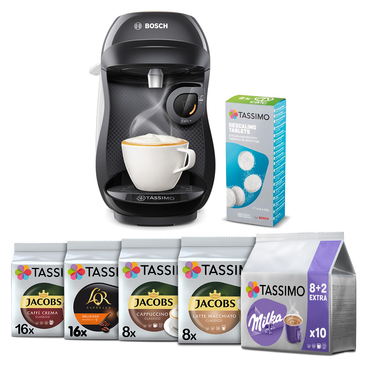 Set of capsule coffee maker Bosch Happy black and 56 coffees + descaler