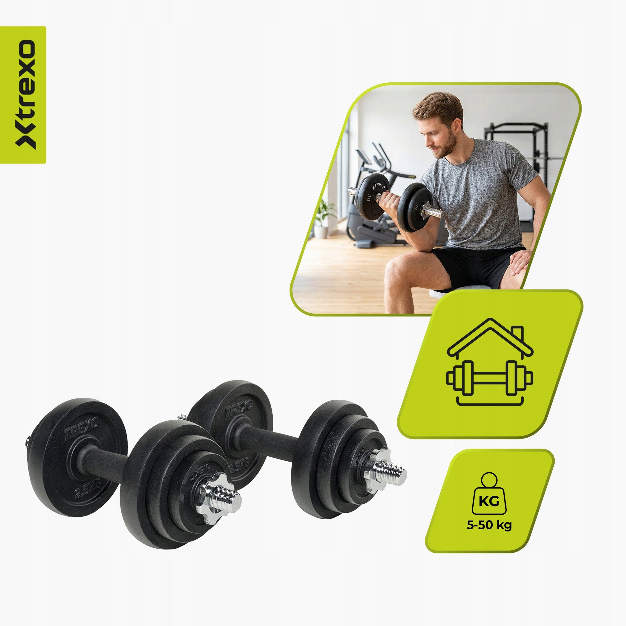 Set of dumbbells with barbell XTREXO CAST IRON 50kg DK50 with protective coating Brand Xtrexo