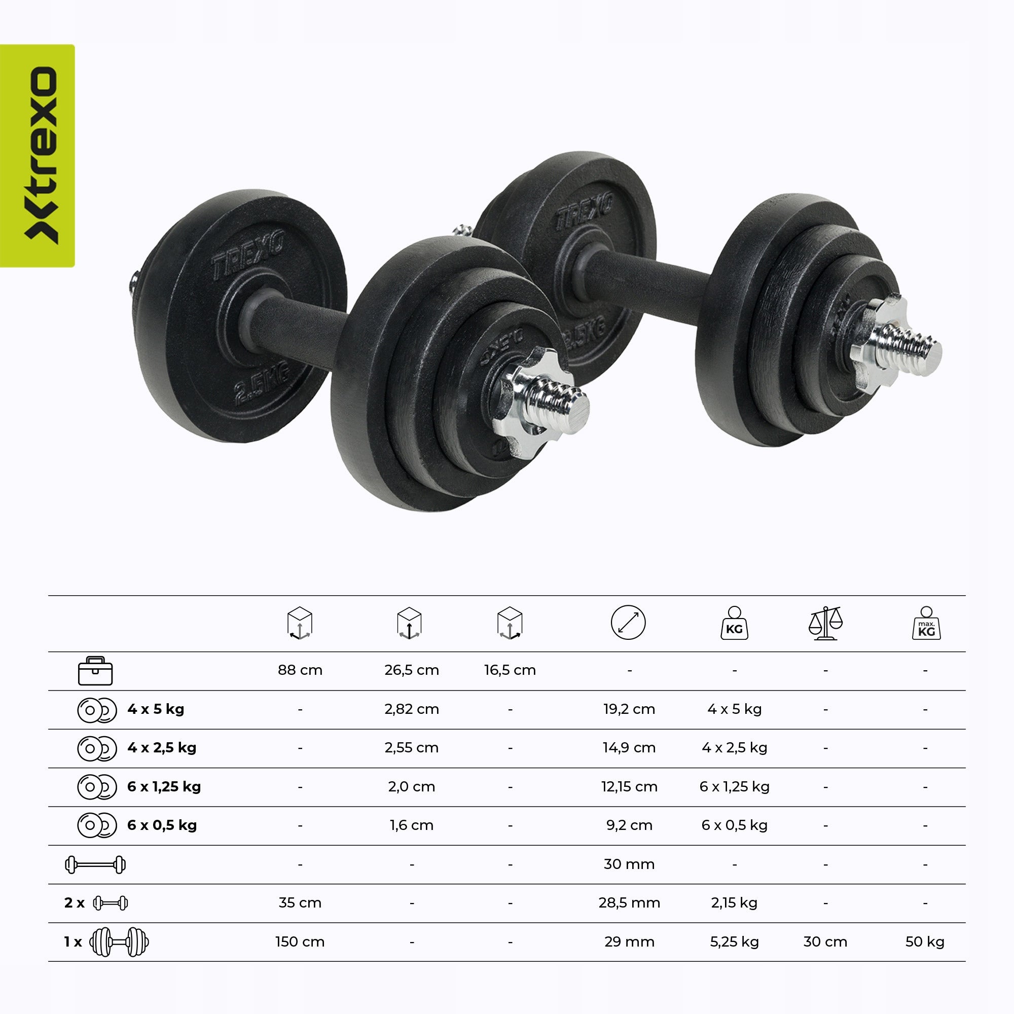 Set of dumbbells with barbell XTREXO CAST IRON 50kg DK50 with protective coating Manufacturer code DK50
