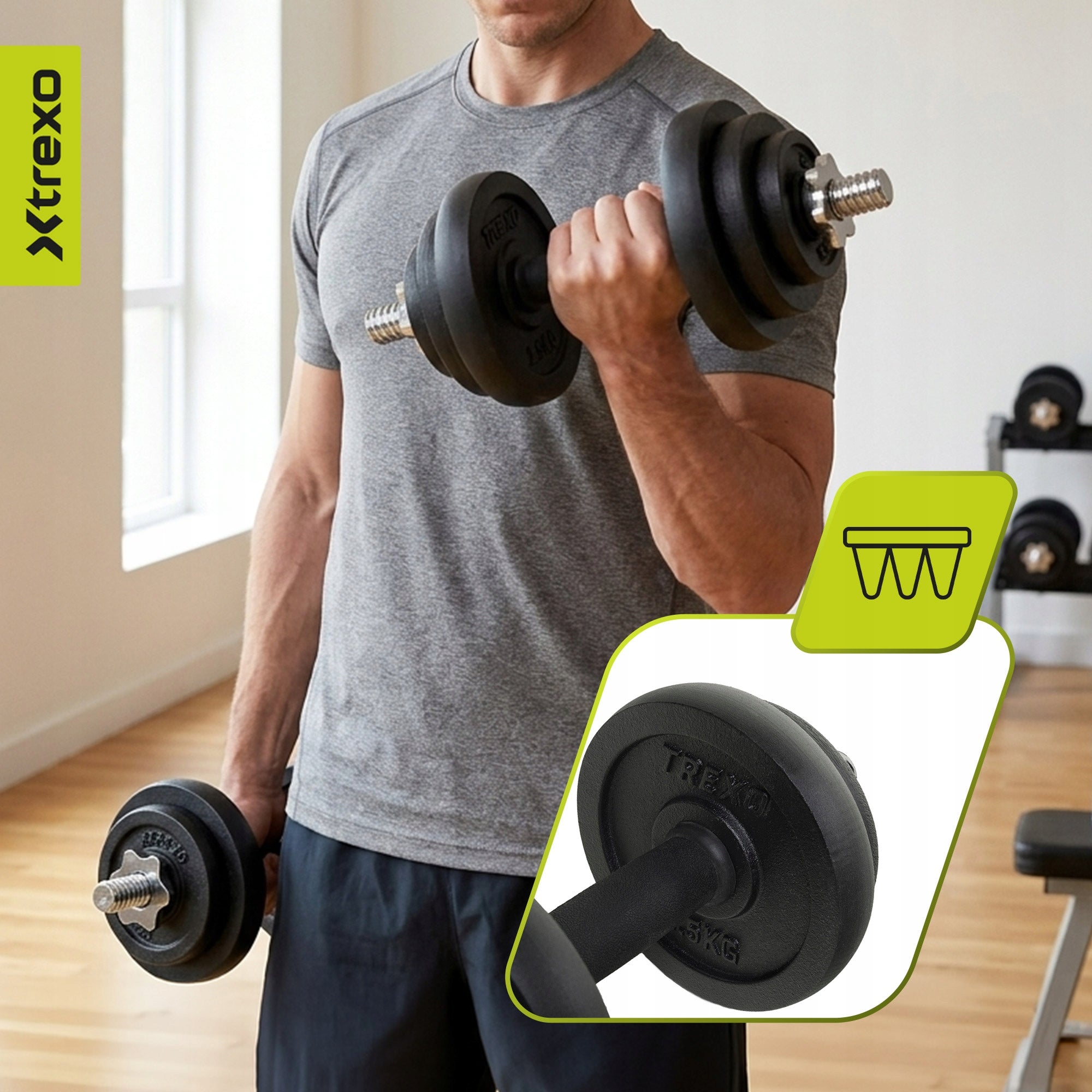 Set of dumbbells with barbell XTREXO CAST IRON 50kg DK50 with protective coating Model DK