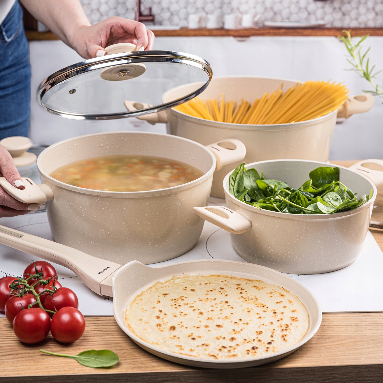 Set of pots 7el. + frying pan 24 cm, beige KLAUSBERG KB-7963 Induction Gas Coating type marble