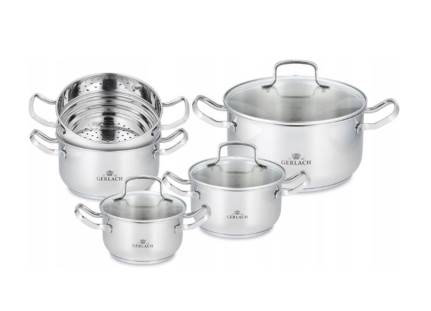 Set of pots GERLACH Simple 9 element NK 332 Steel Induction Steamed Gas